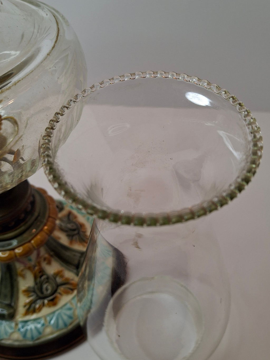 Antique Doulton Burslem Majolica Oil Lamp | American Brass Co No. 2 Burner | Floral Relief Ceramic & Ribbed Glass | Circa 1890