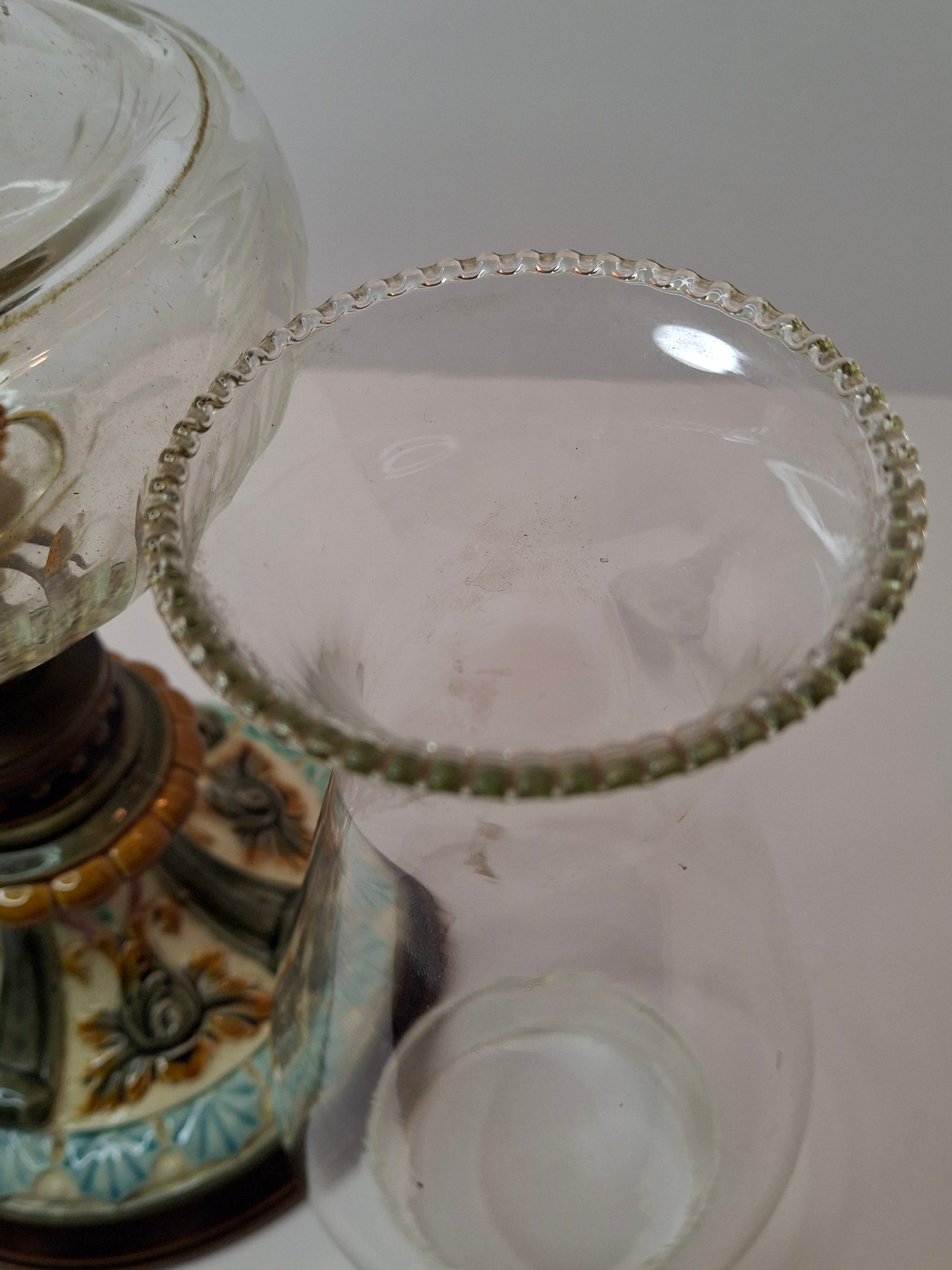 Antique Doulton Burslem Majolica Oil Lamp | American Brass Co No. 2 Burner | Floral Relief Ceramic & Ribbed Glass | Circa 1890
