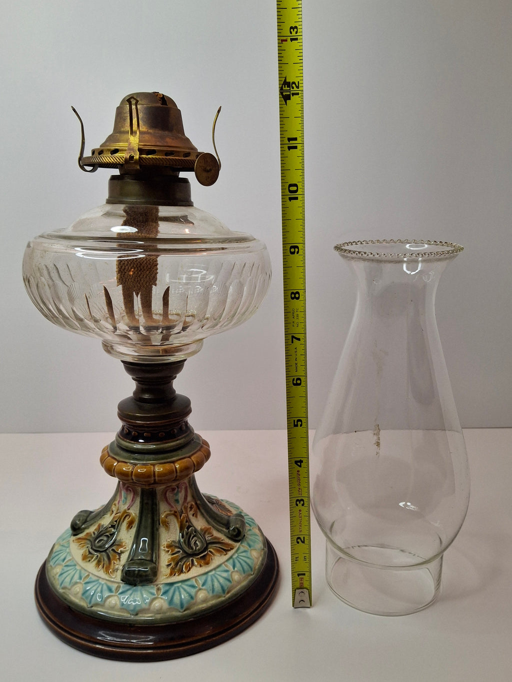 Antique Doulton Burslem Majolica Oil Lamp | American Brass Co No. 2 Burner | Floral Relief Ceramic & Ribbed Glass | Circa 1890