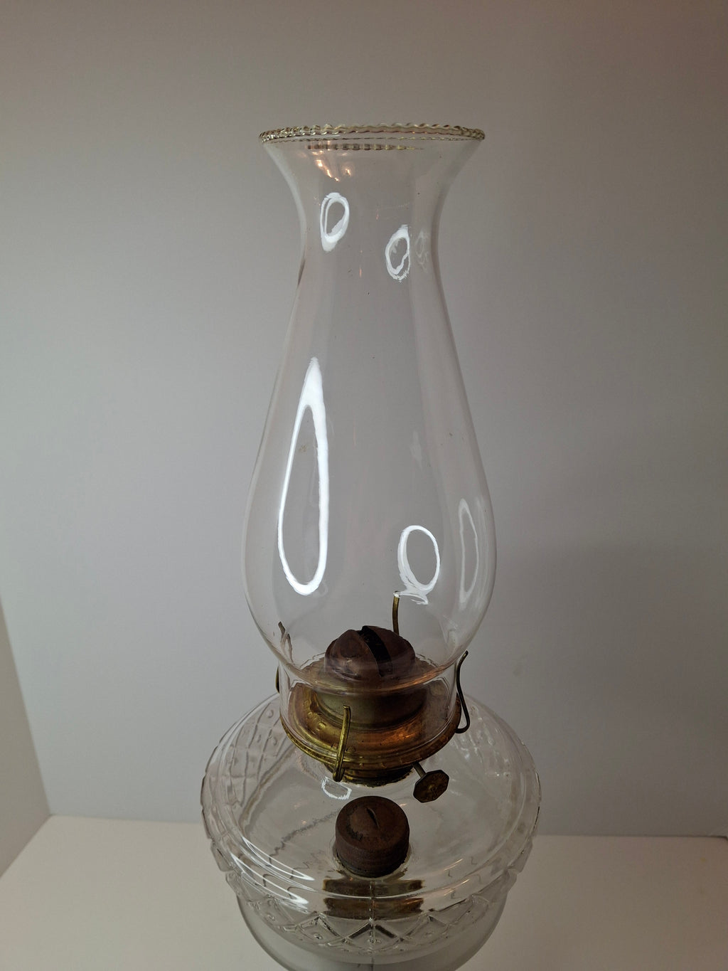 Antique EAPG Adams & Co Minerva Stem Kerosene Stand Lamp Diamond & Dot Font 1880s
