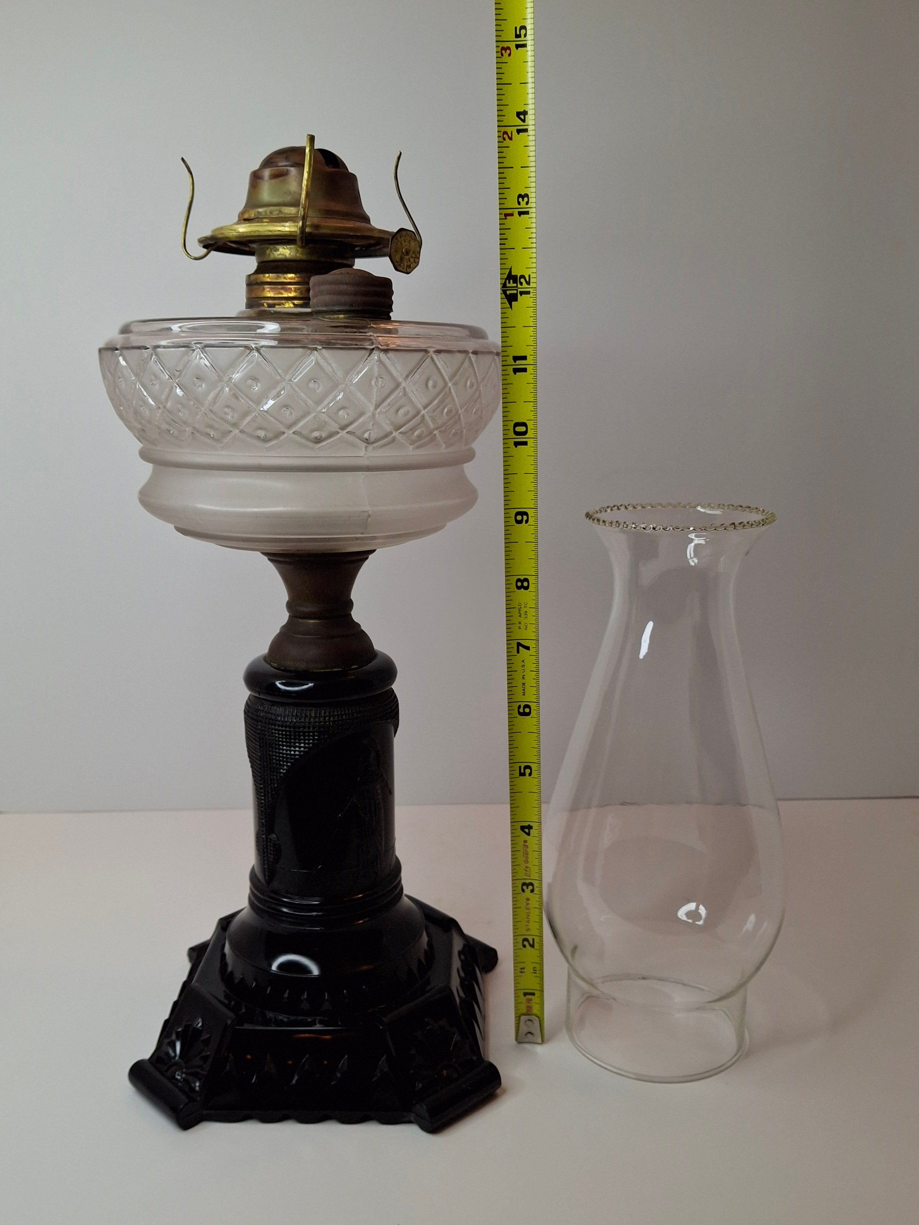 Antique EAPG Adams & Co Minerva Stem Kerosene Stand Lamp Diamond & Dot Font 1880s