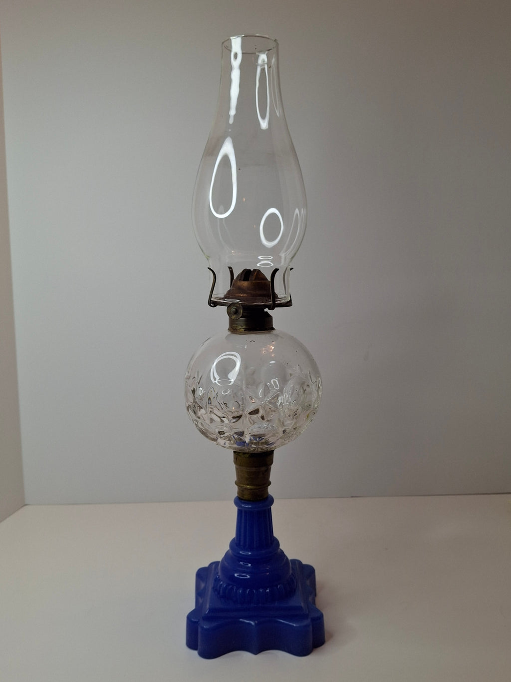 Antique Moon and Star Glass Oil Lamp | Opaque Violet-Blue Baroque Base | c. 1870s