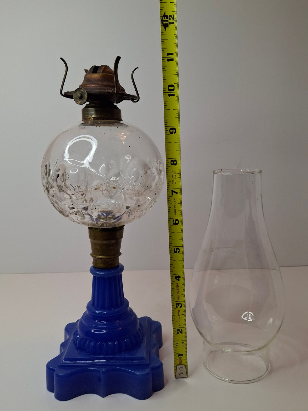 Antique Moon and Star Glass Oil Lamp | Opaque Violet-Blue Baroque Base | c. 1870s