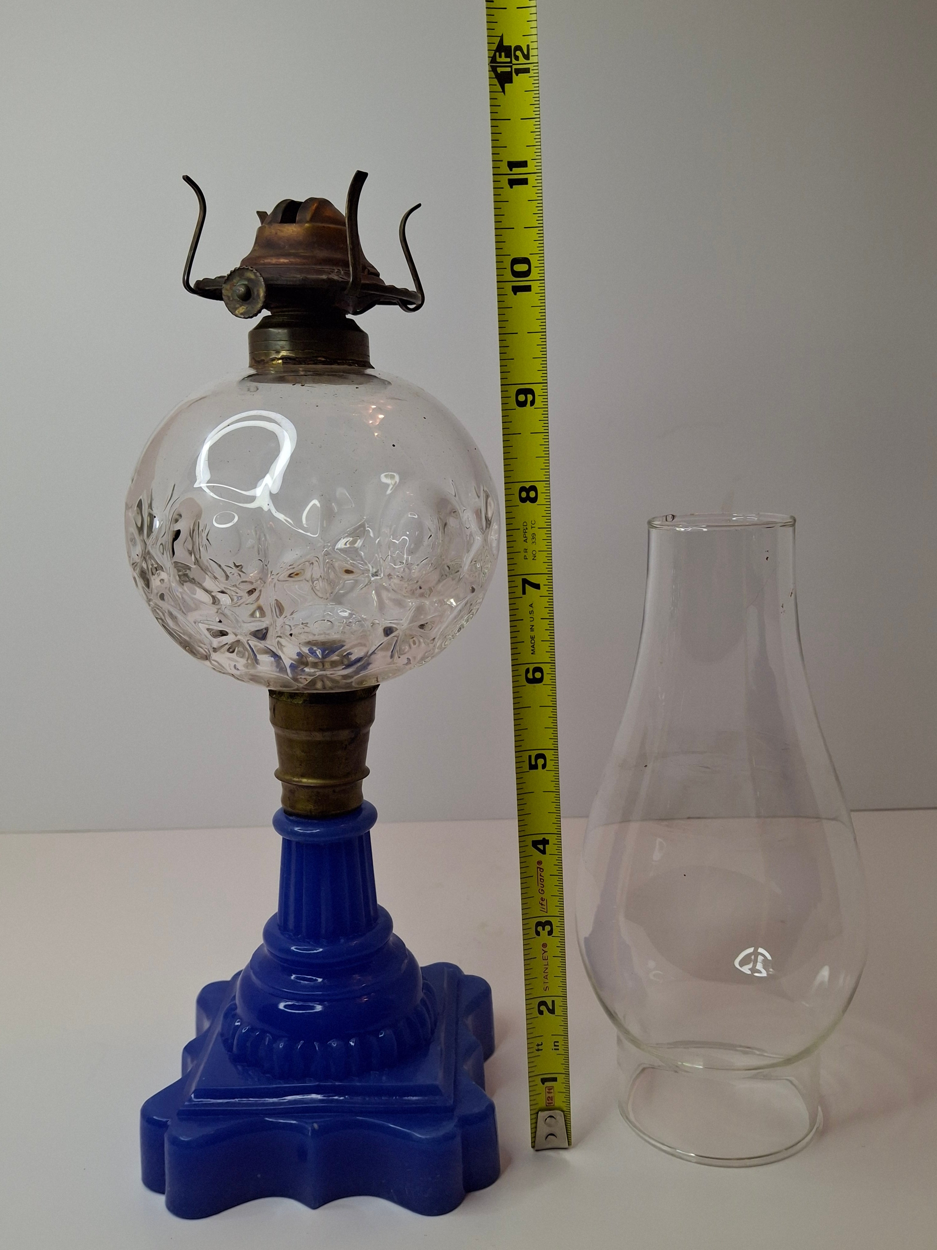 Antique Moon and Star Glass Oil Lamp | Opaque Violet-Blue Baroque Base | c. 1870s