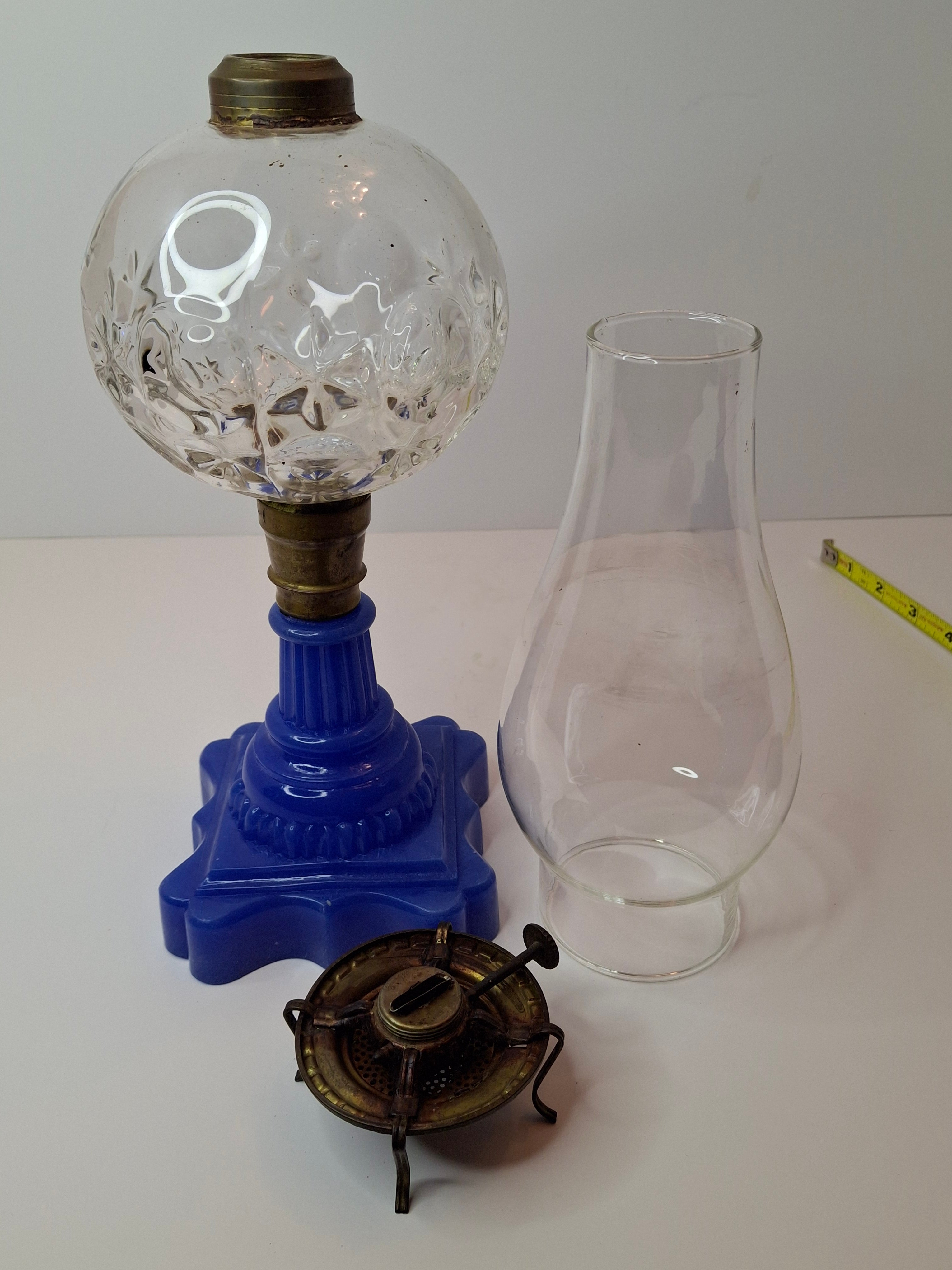 Antique Moon and Star Glass Oil Lamp | Opaque Violet-Blue Baroque Base | c. 1870s