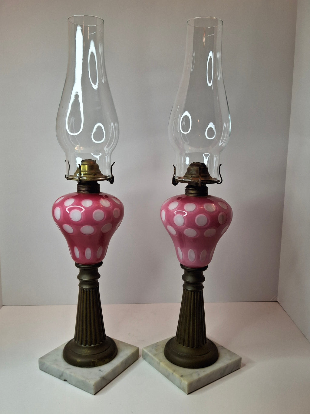 Antique Pair Rose Pink to White Overlay Glass Lamps Punty Cut Marble Brass 11"