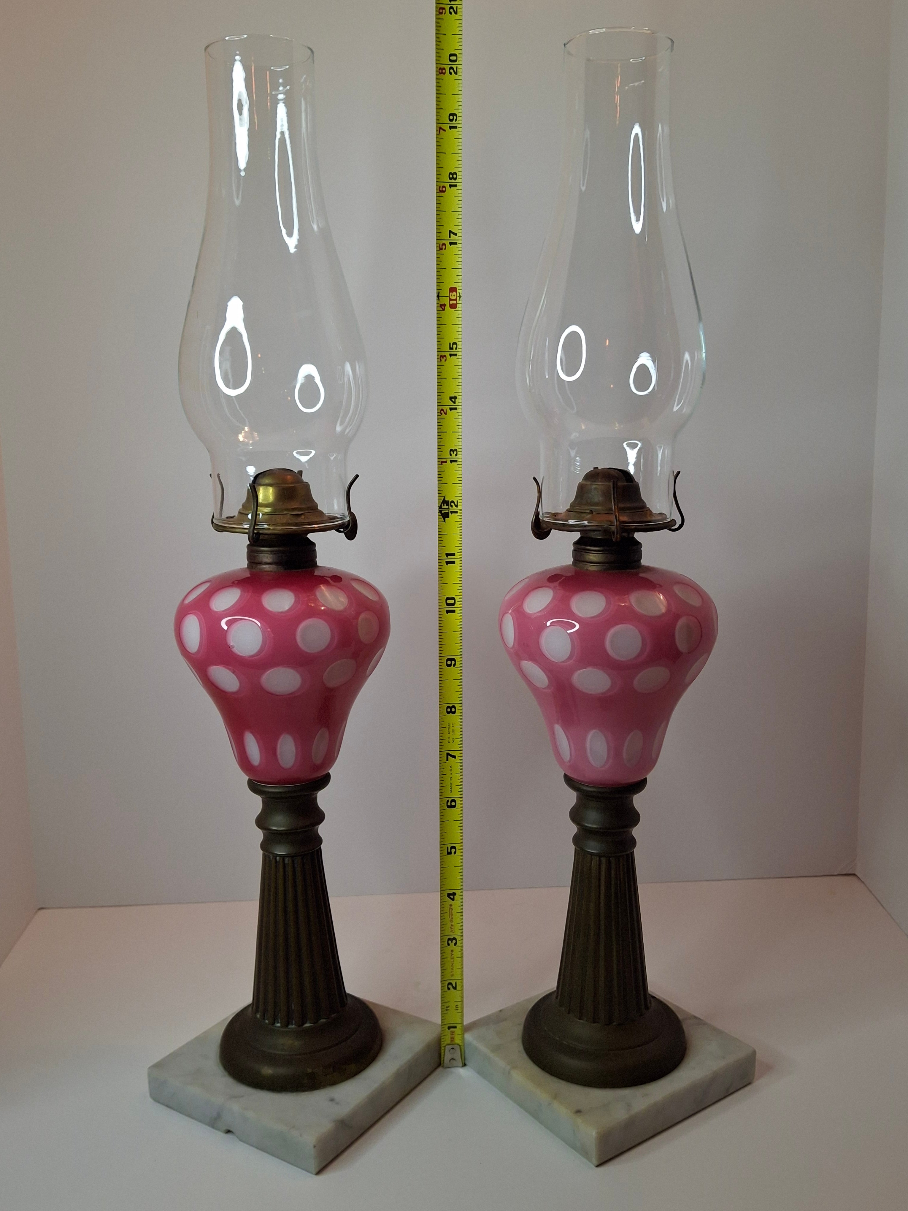 Antique Pair Rose Pink to White Overlay Glass Lamps Punty Cut Marble Brass 11"