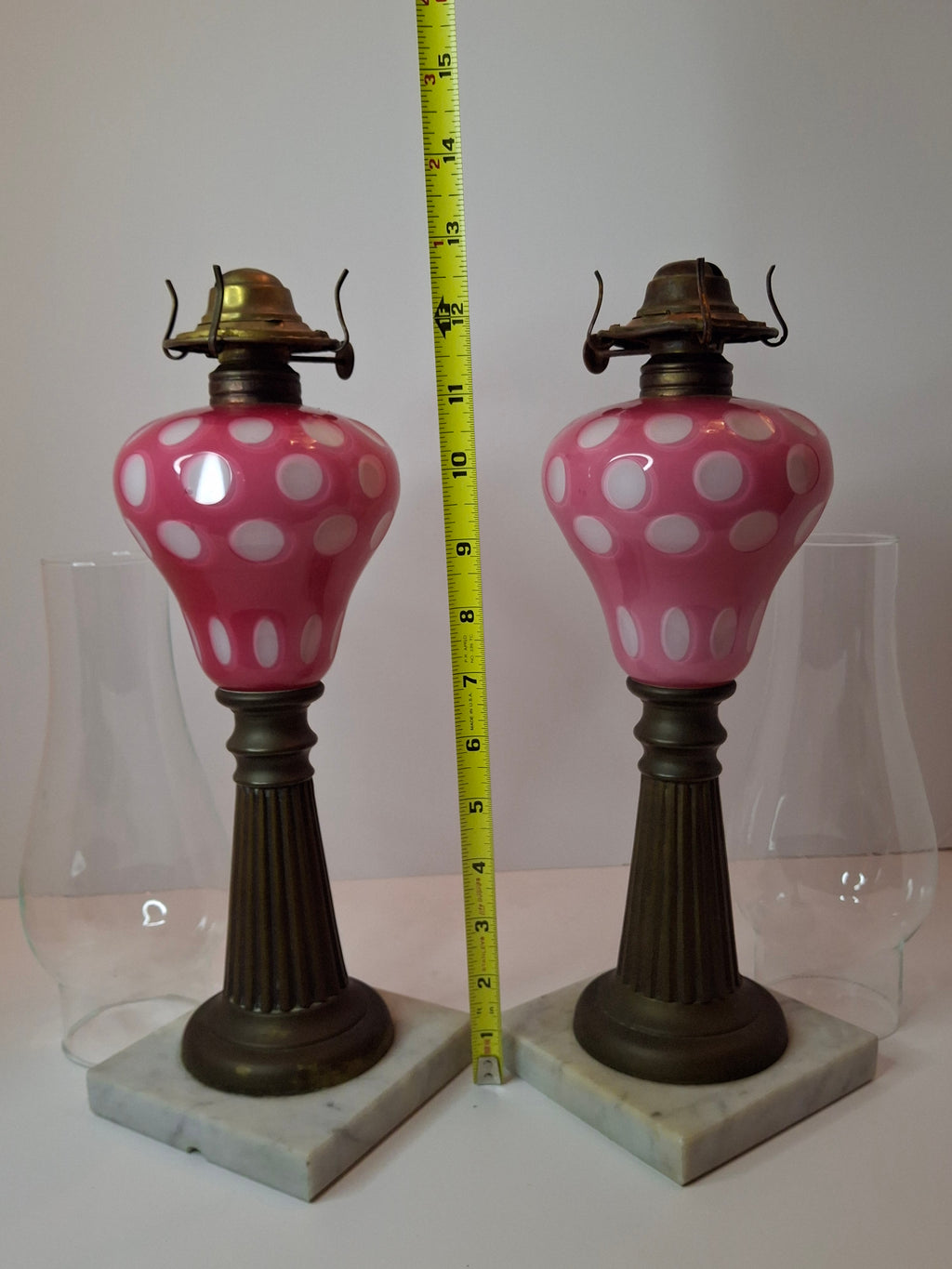Antique Pair Rose Pink to White Overlay Glass Lamps Punty Cut Marble Brass 11"