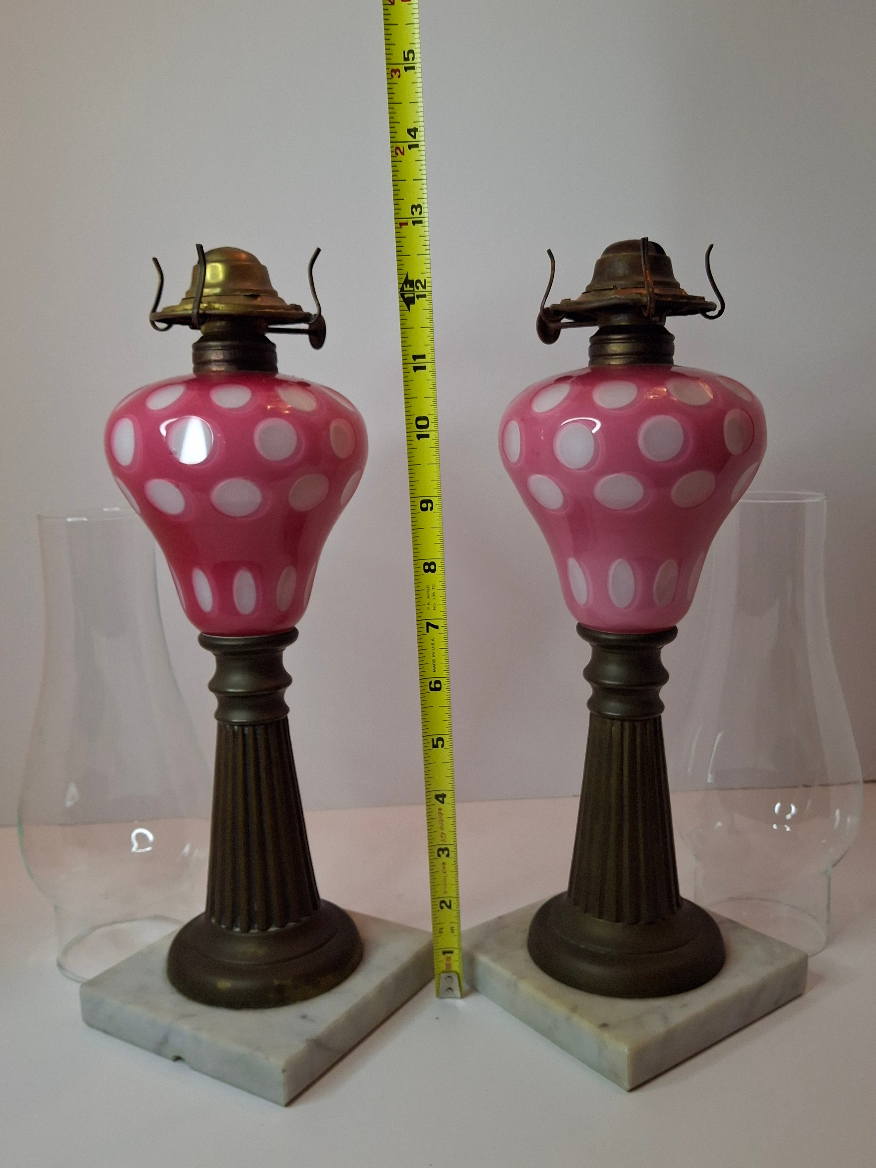 Antique Pair Rose Pink to White Overlay Glass Lamps Punty Cut Marble Brass 11"