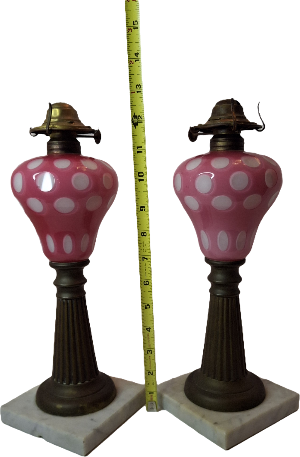 Antique Pair Rose Pink to White Overlay Glass Lamps Punty Cut Marble Brass 11"