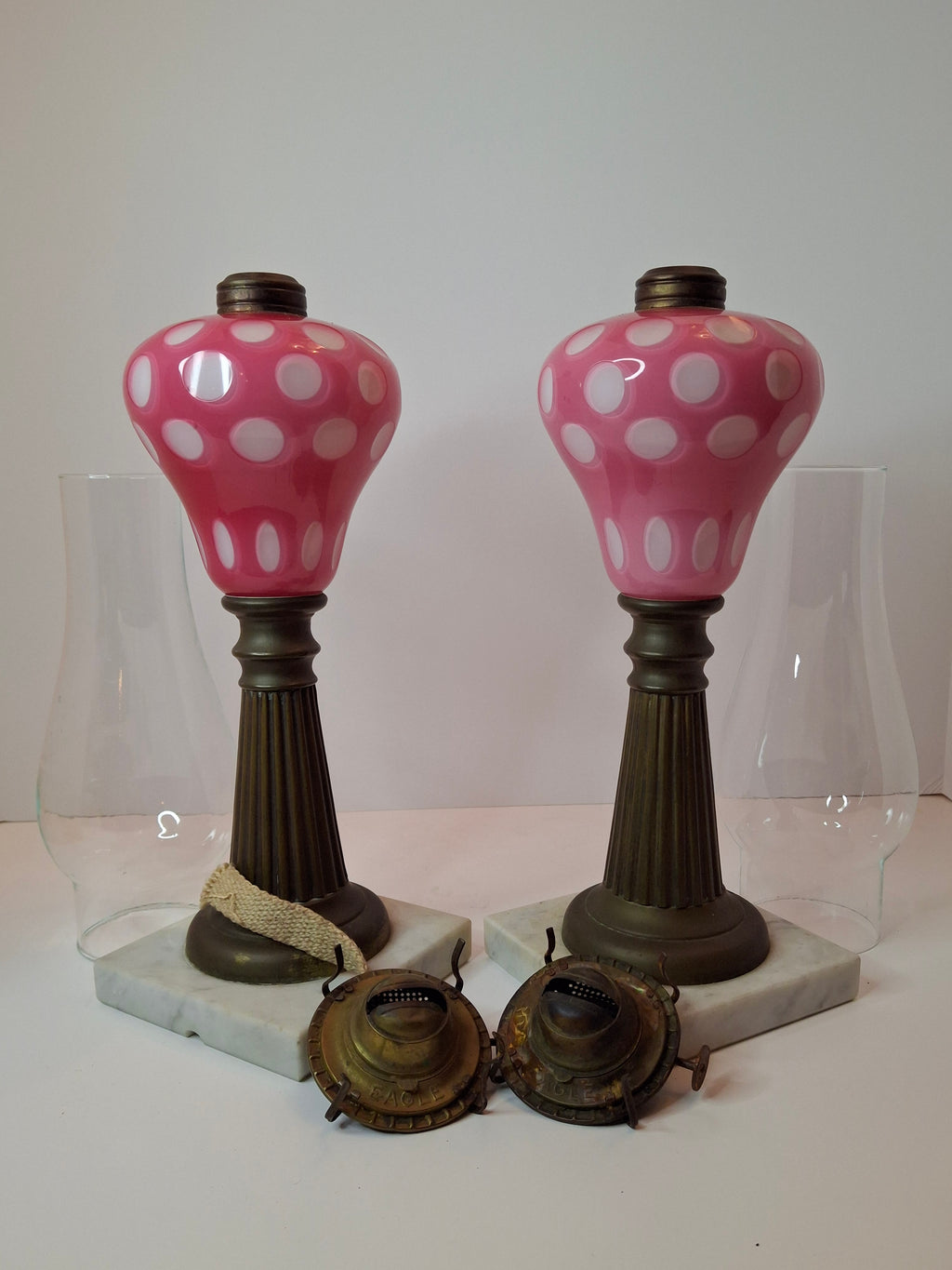 Antique Pair Rose Pink to White Overlay Glass Lamps Punty Cut Marble Brass 11"