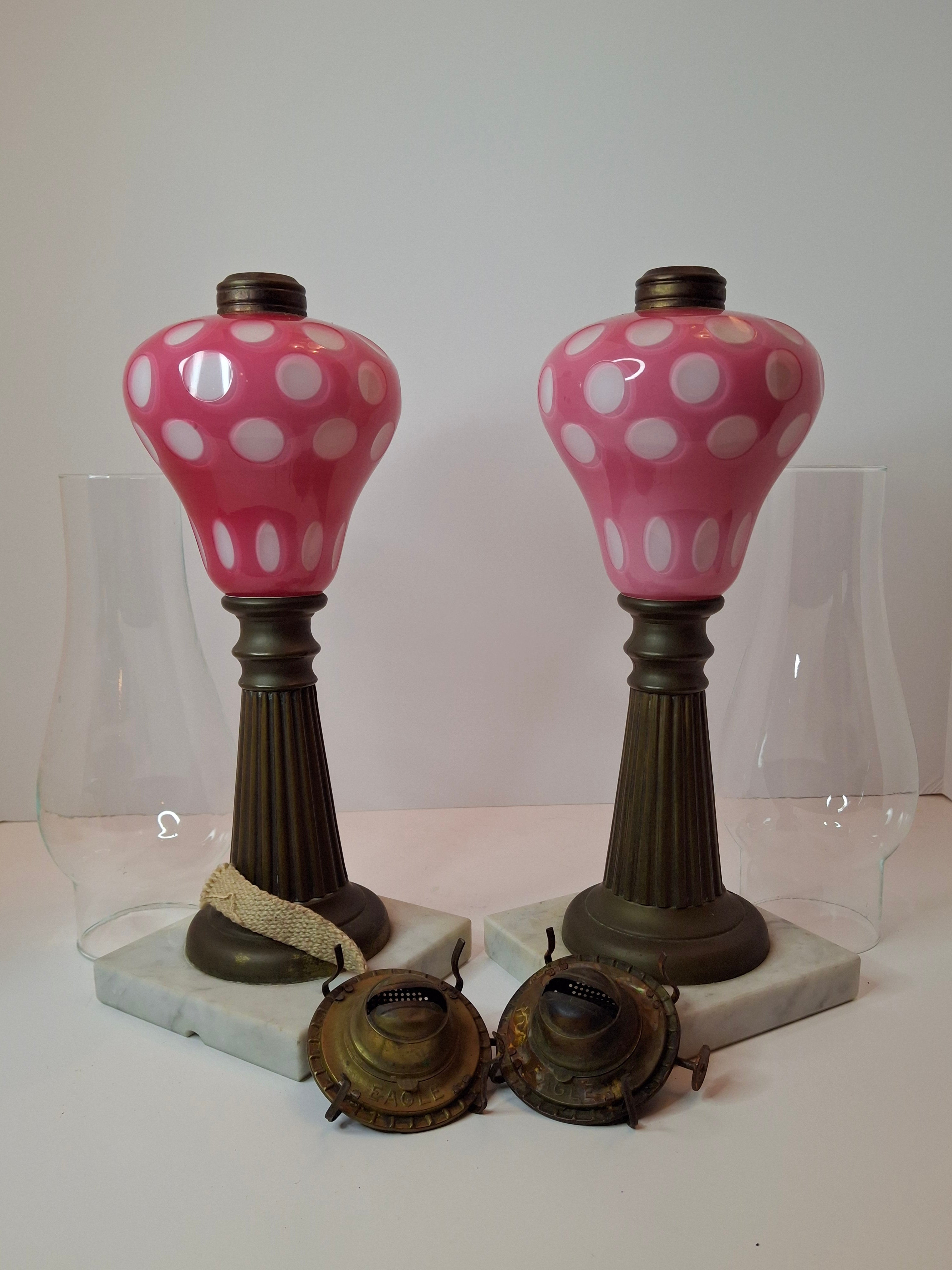 Antique Pair Rose Pink to White Overlay Glass Lamps Punty Cut Marble Brass 11"