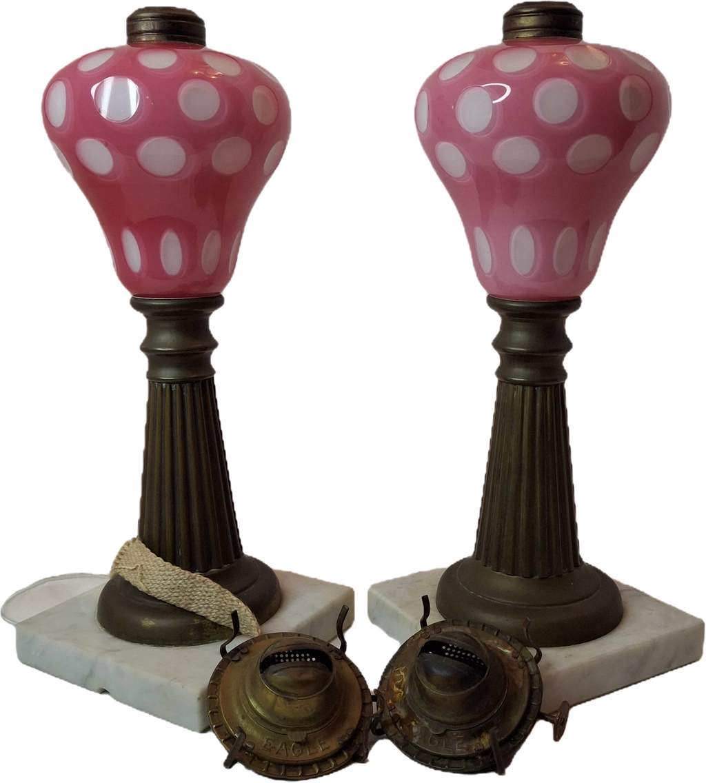 Antique Pair Rose Pink to White Overlay Glass Lamps Punty Cut Marble Brass 11"