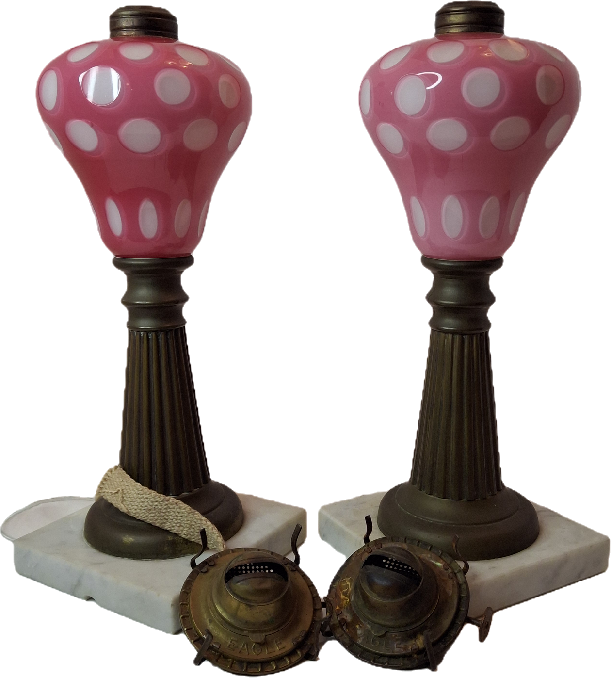 Antique Pair Rose Pink to White Overlay Glass Lamps Punty Cut Marble Brass 11"