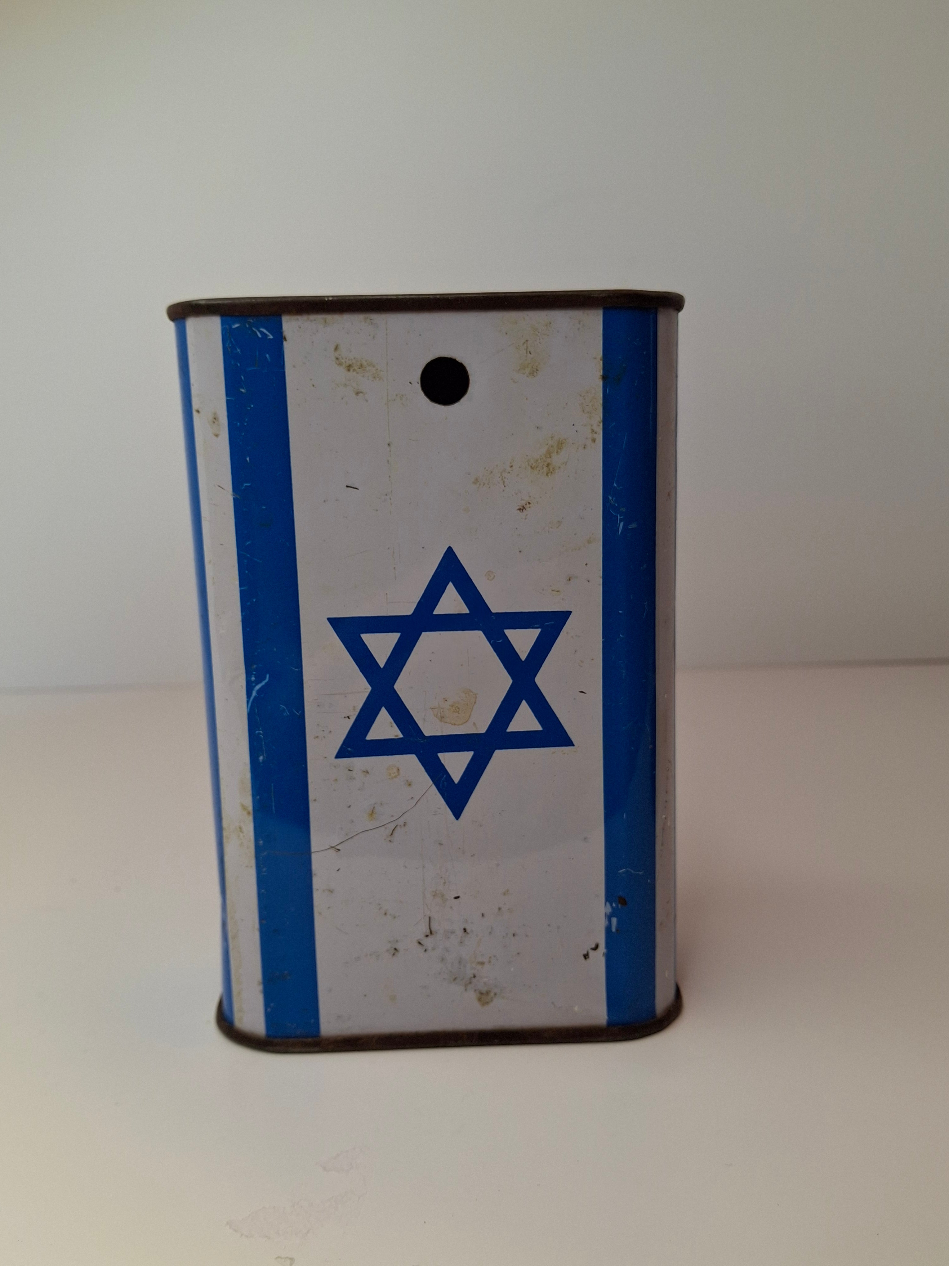 Vintage JNF KKL Blue Box Charity Tin Pushke Israel Map Tzedakah Bank c. 1950s