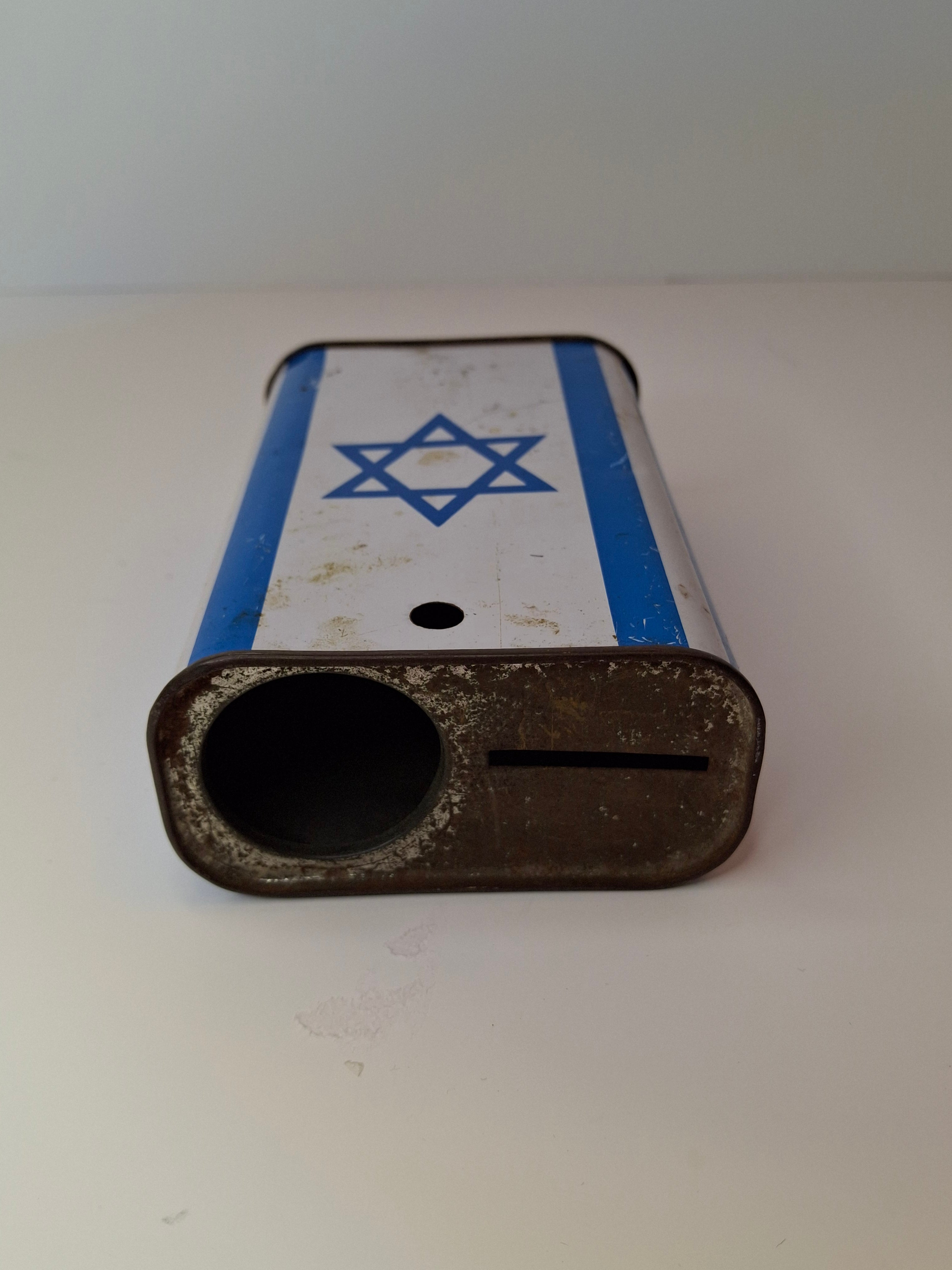 Vintage JNF KKL Blue Box Charity Tin Pushke Israel Map Tzedakah Bank c. 1950s