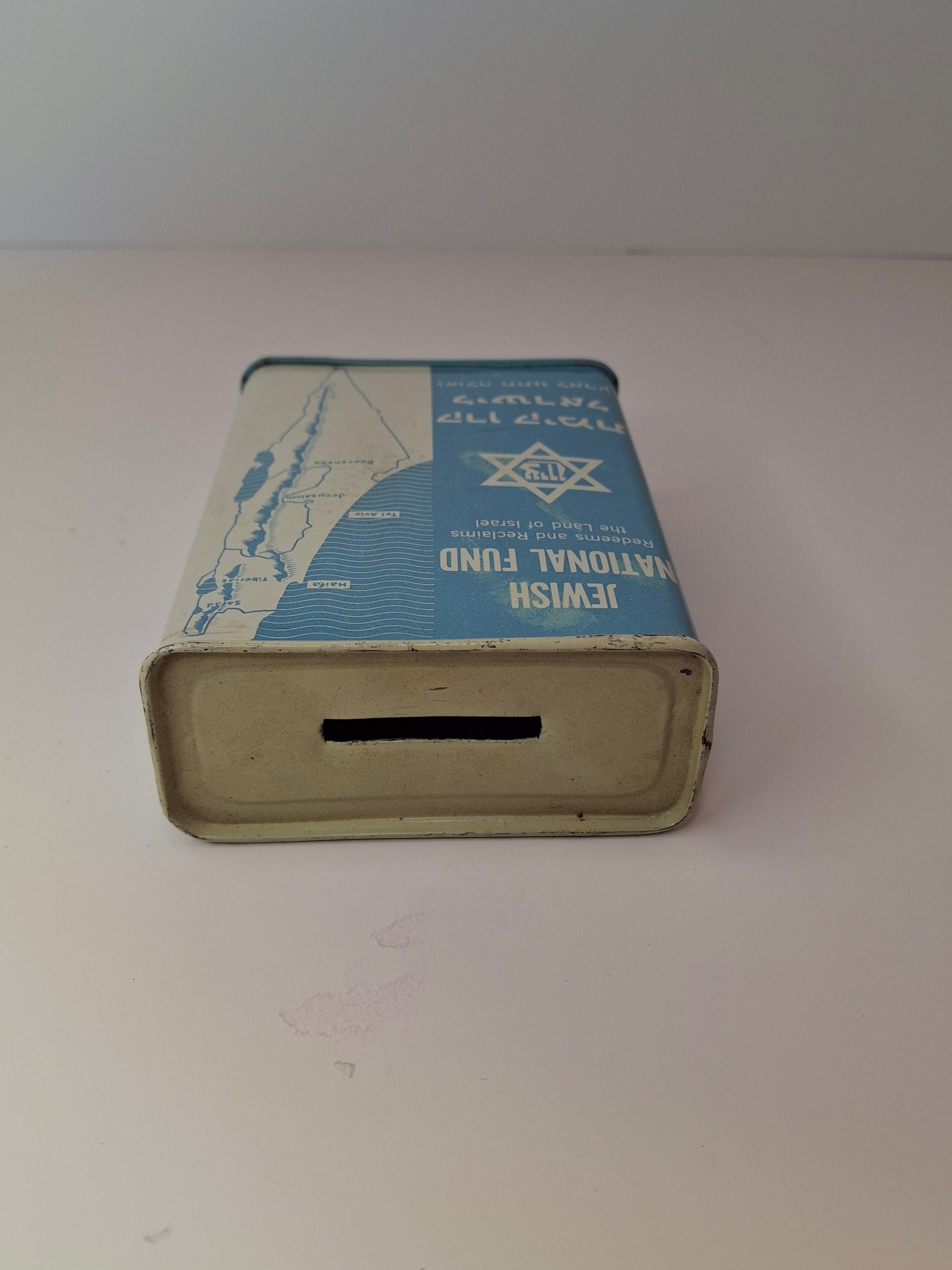 Vintage JNF Blue Box Charity Tin Israel Map Tzedakah Bank Mid-Century New York