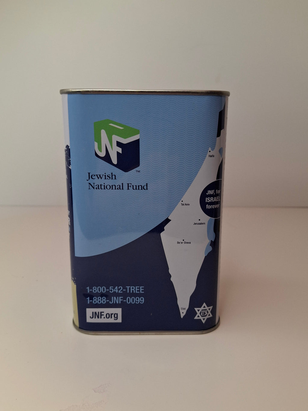 Modern JNF Blue Box Tzedakah Pushke - Jewish National Fund Israel Charity Tin - 1901 Heritage Design