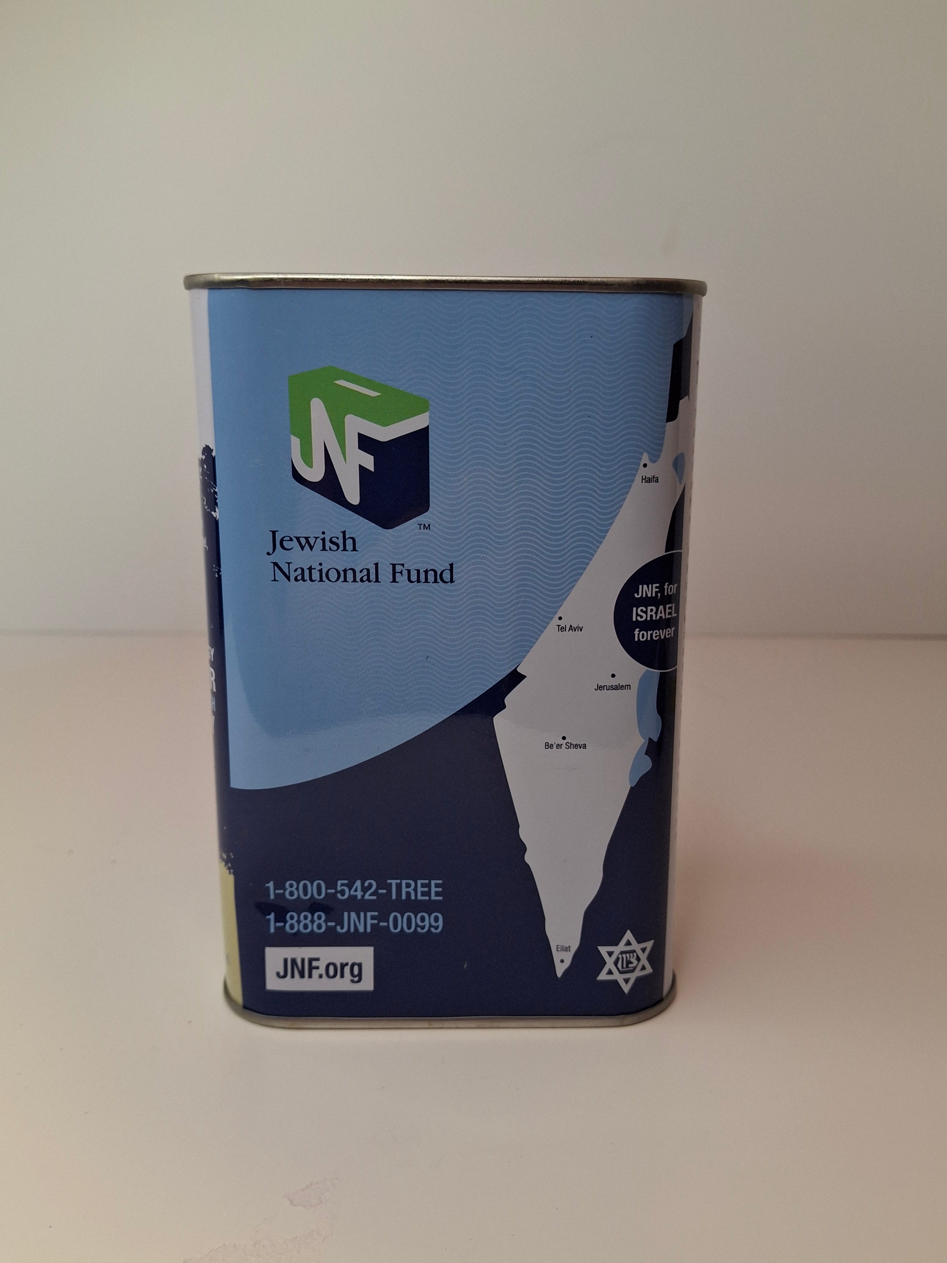 Modern JNF Blue Box Tzedakah Pushke - Jewish National Fund Israel Charity Tin - 1901 Heritage Design
