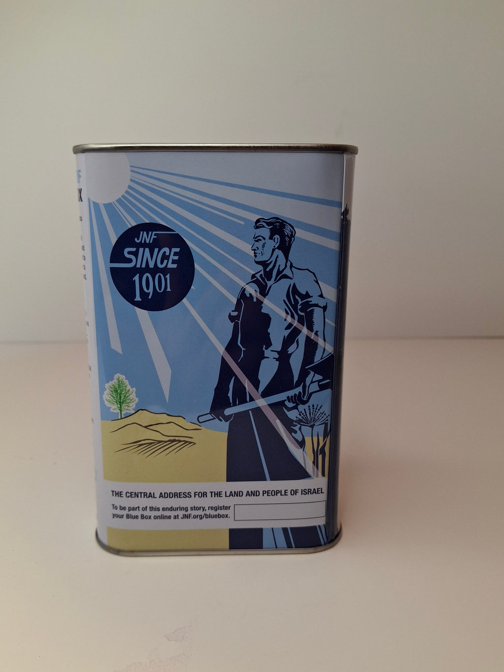 Modern JNF Blue Box Tzedakah Pushke - Jewish National Fund Israel Charity Tin - 1901 Heritage Design