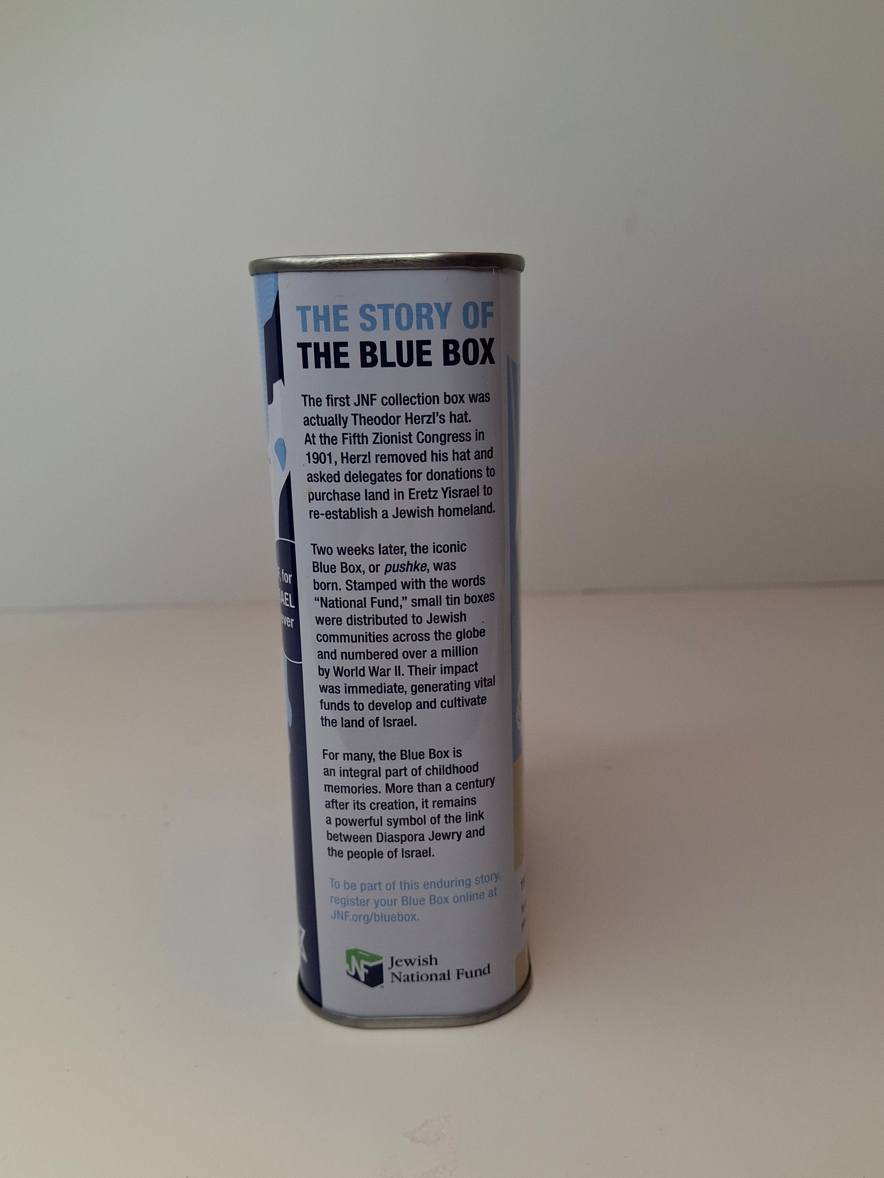 Modern JNF Blue Box Tzedakah Pushke - Jewish National Fund Israel Charity Tin - 1901 Heritage Design