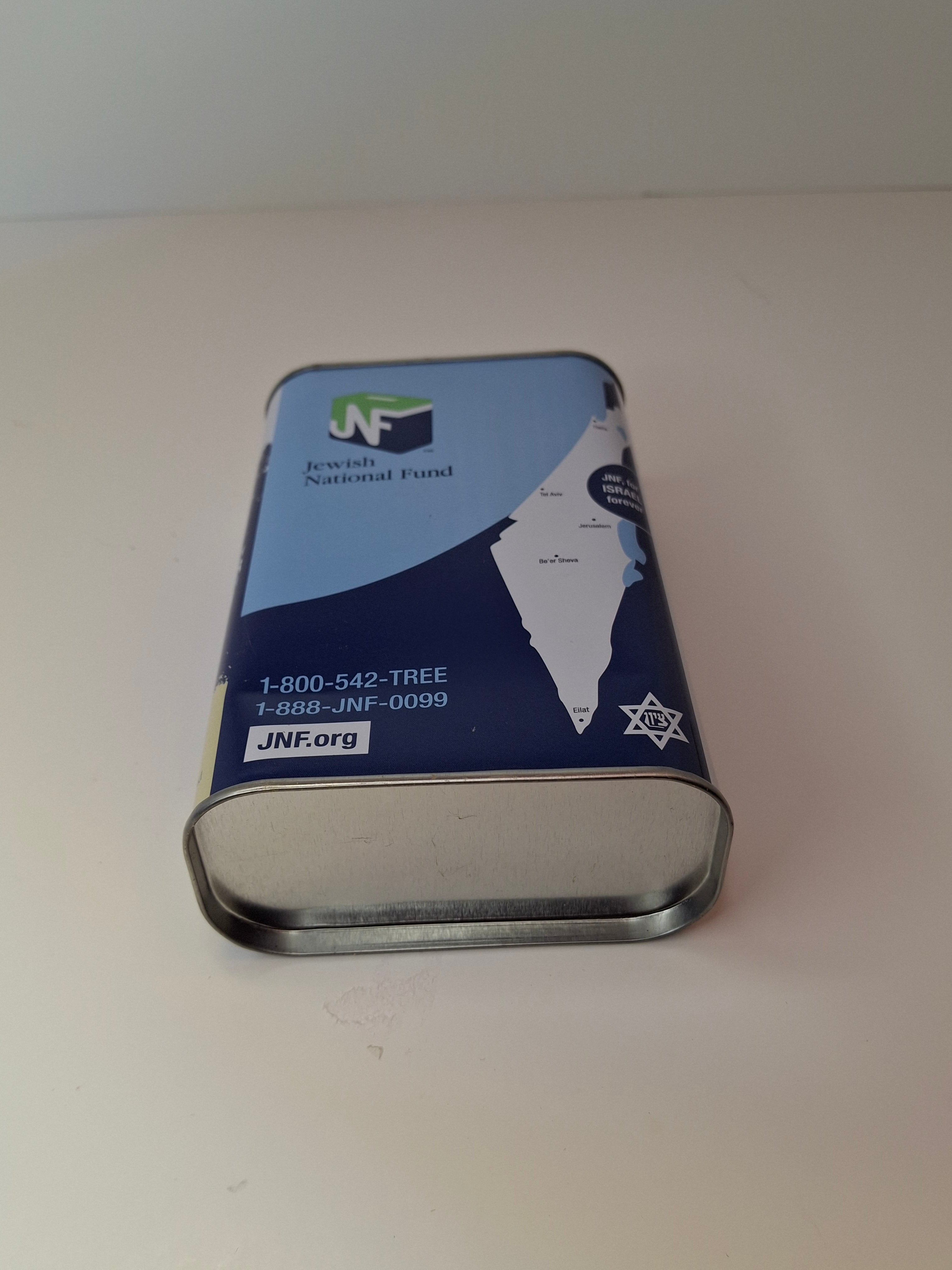 Modern JNF Blue Box Tzedakah Pushke - Jewish National Fund Israel Charity Tin - 1901 Heritage Design