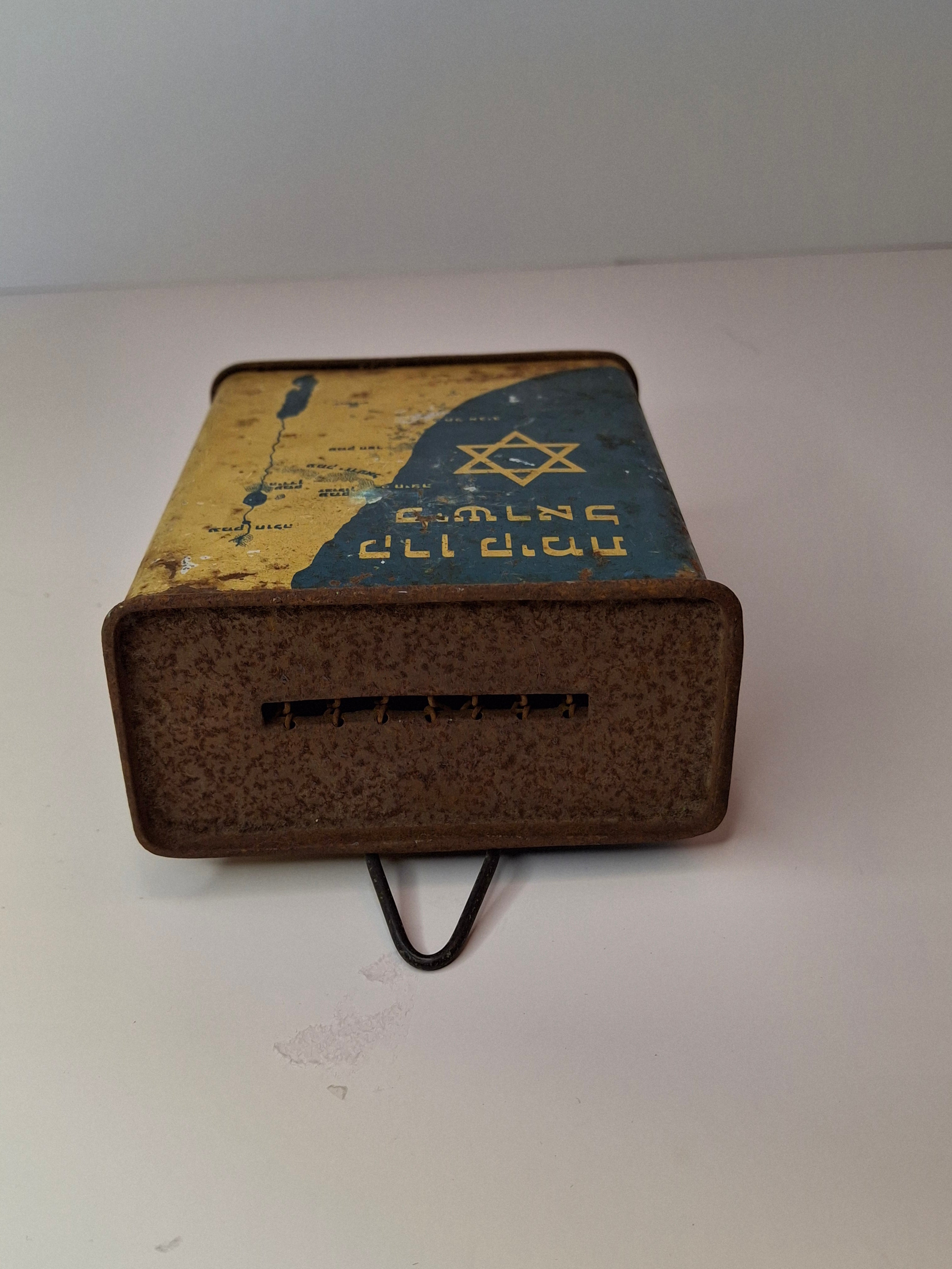 Vintage JNF Blue Box Charity Tin 1940s Palestine Eretz Israel Map Tzedakah Bank L. Künigshofer