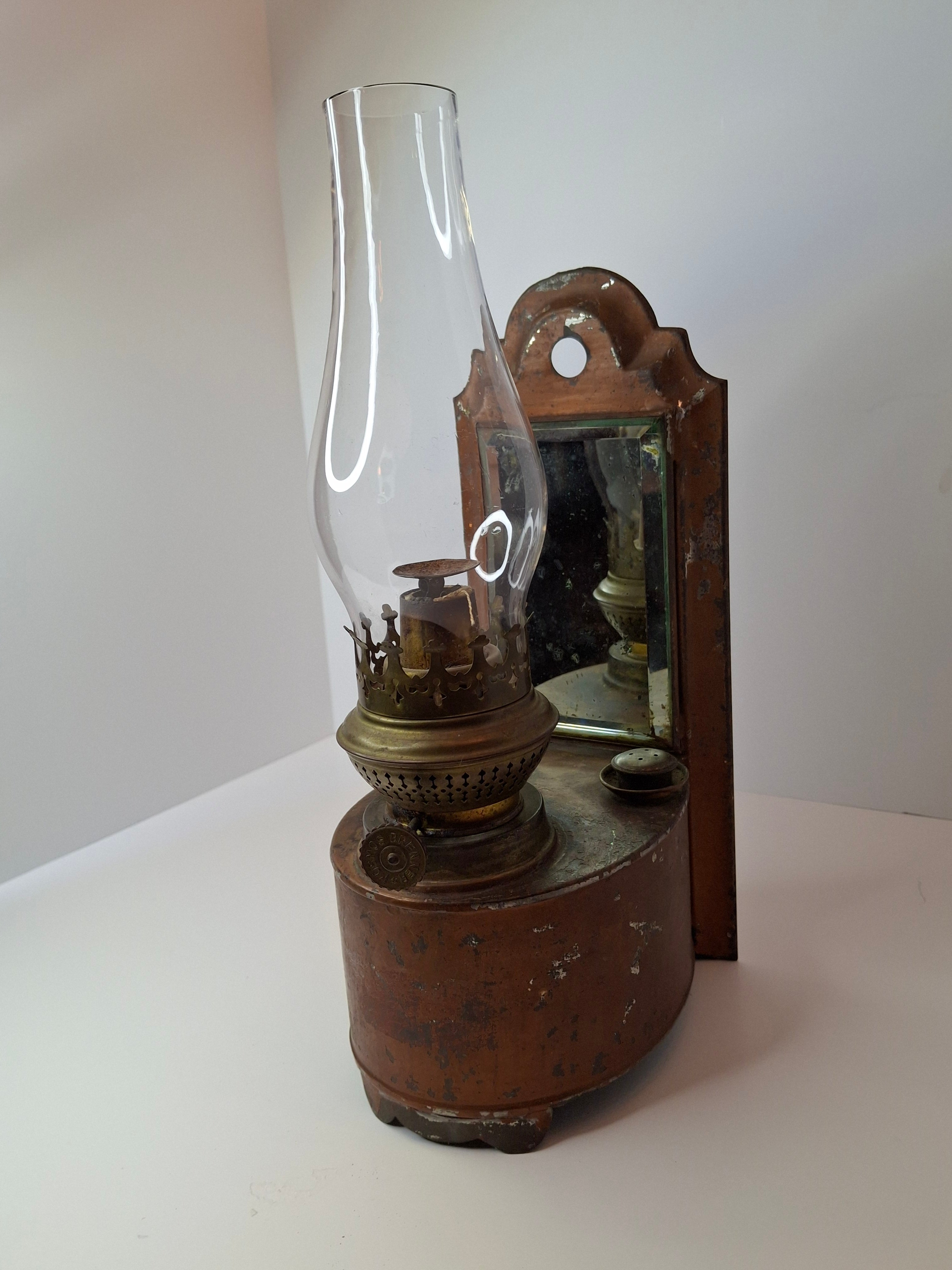 Antique Kosmos Brenner Wall Oil Lamp Mirror Reflector Beveled Glass Tin Coppered Finish 11"