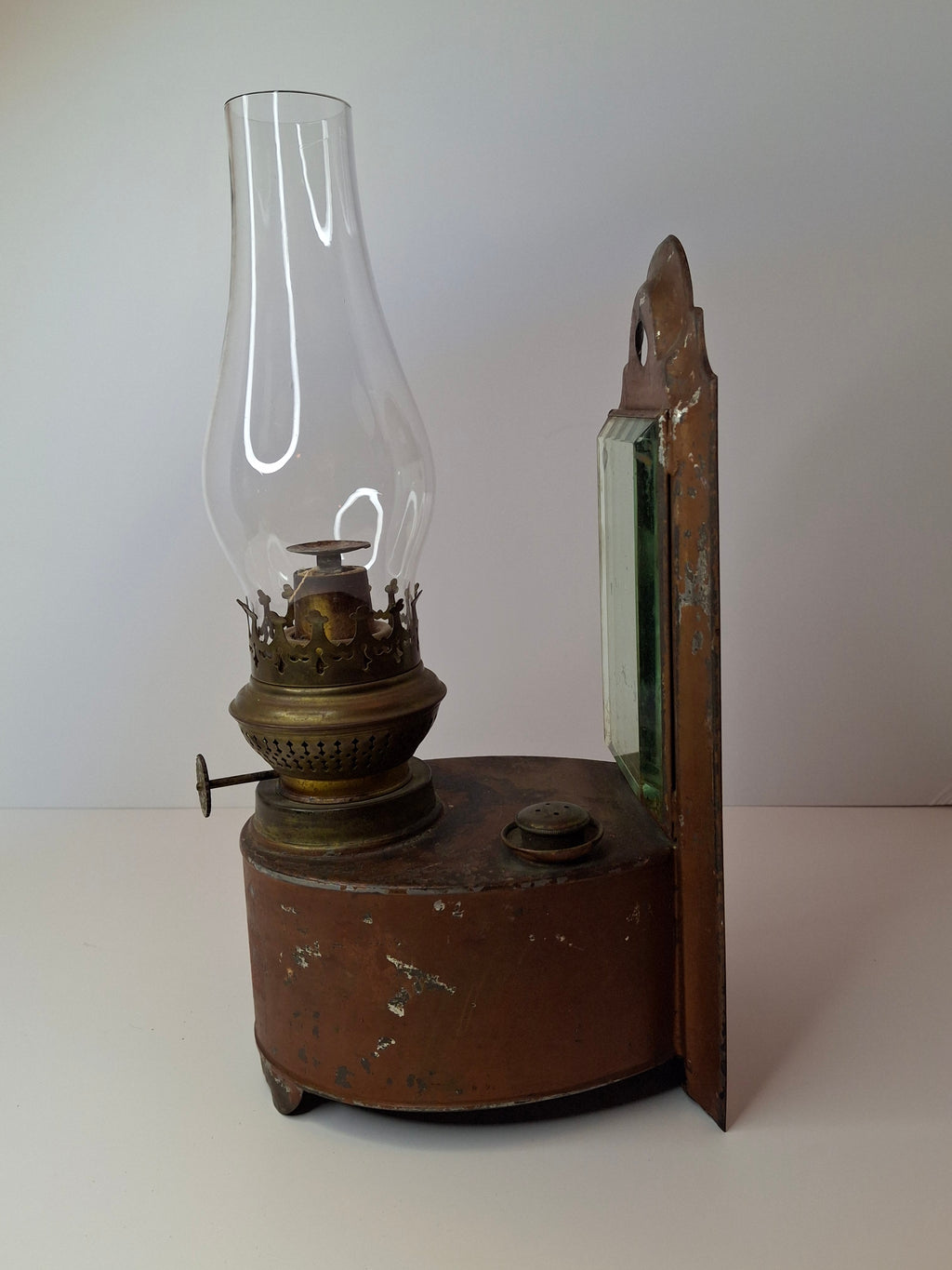 Antique Kosmos Brenner Wall Oil Lamp Mirror Reflector Beveled Glass Tin Coppered Finish 11"