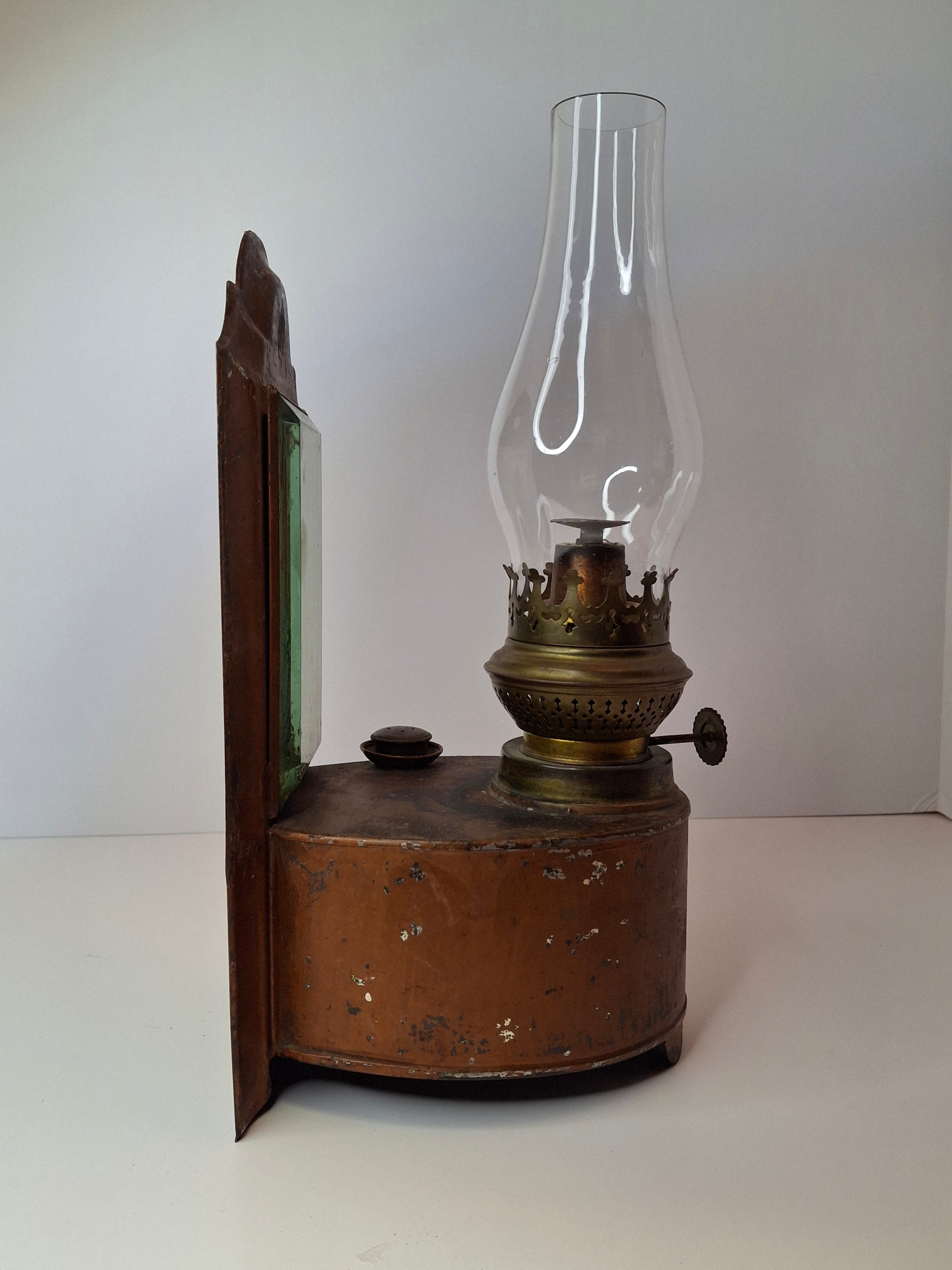 Antique Kosmos Brenner Wall Oil Lamp Mirror Reflector Beveled Glass Tin Coppered Finish 11"