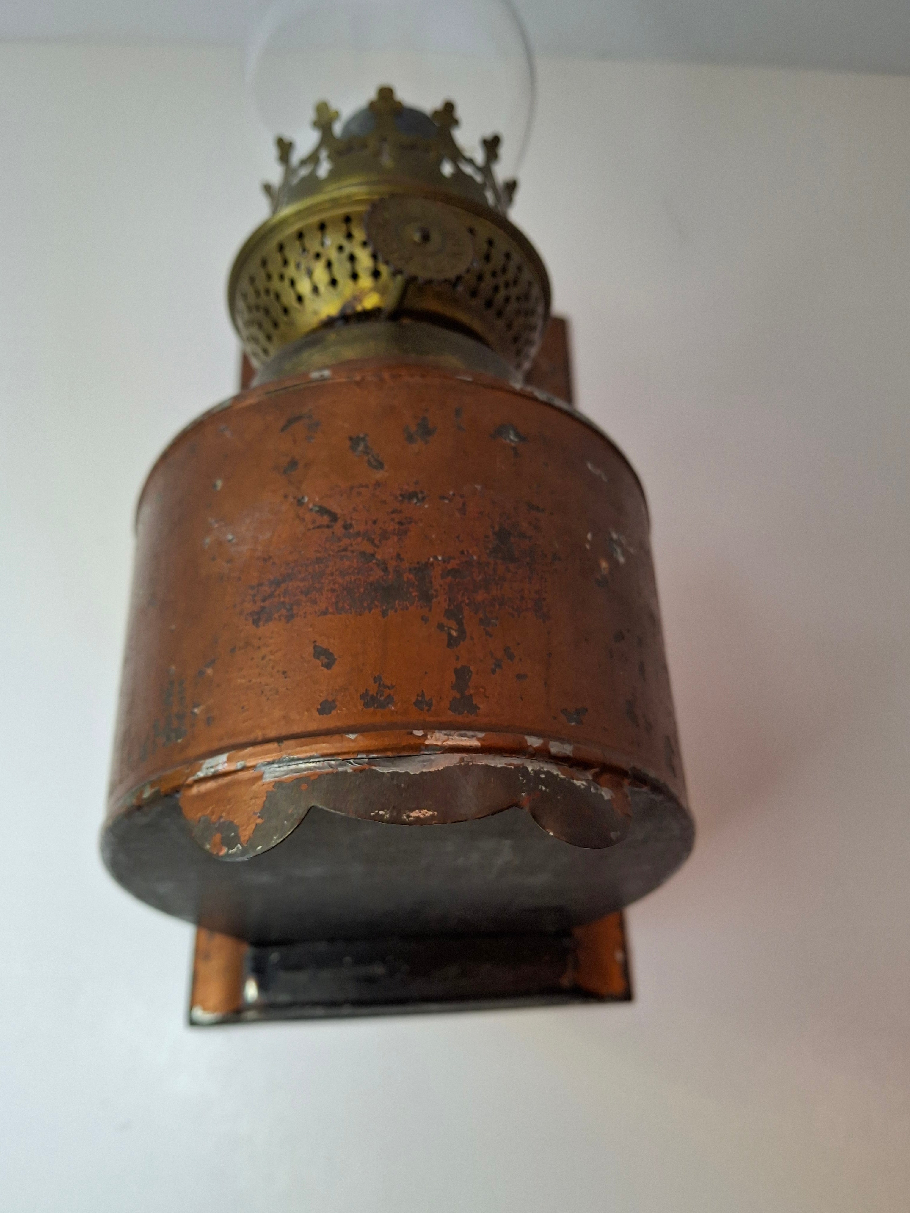 Antique Kosmos Brenner Wall Oil Lamp Mirror Reflector Beveled Glass Tin Coppered Finish 11"