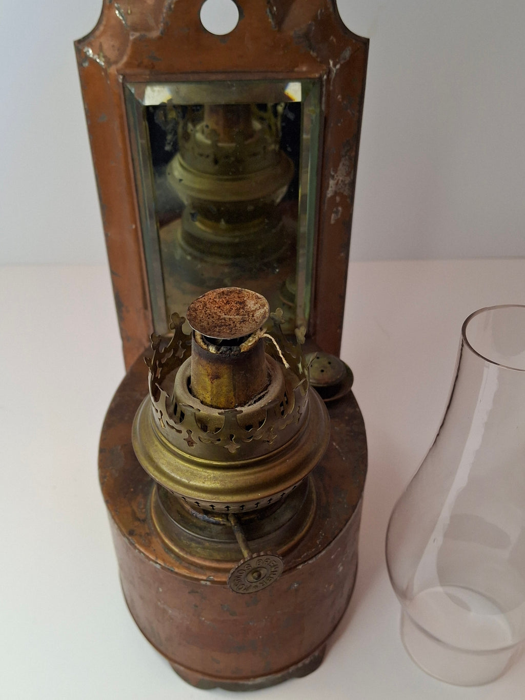 Antique Kosmos Brenner Wall Oil Lamp Mirror Reflector Beveled Glass Tin Coppered Finish 11"