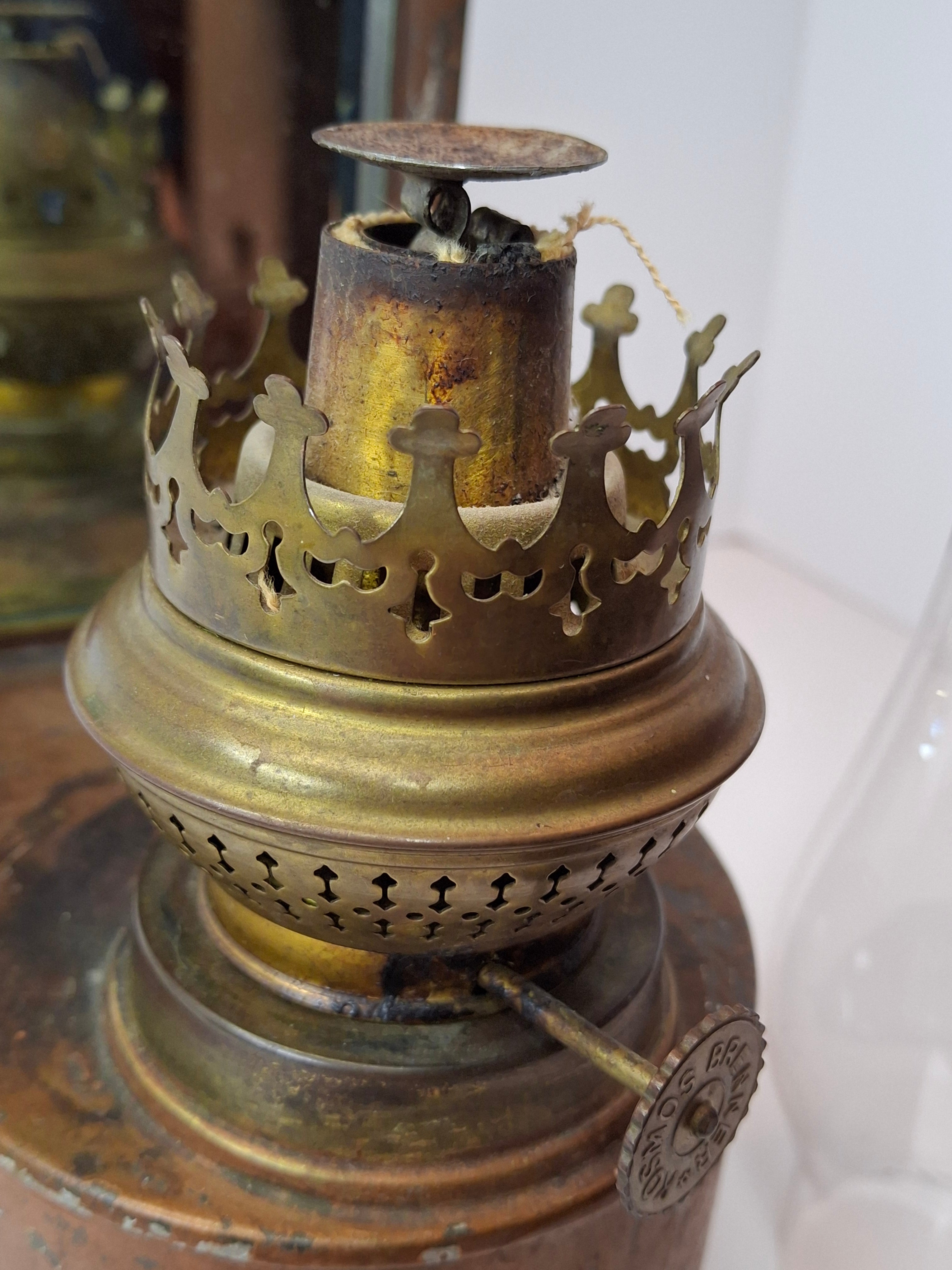 Antique Kosmos Brenner Wall Oil Lamp Mirror Reflector Beveled Glass Tin Coppered Finish 11"