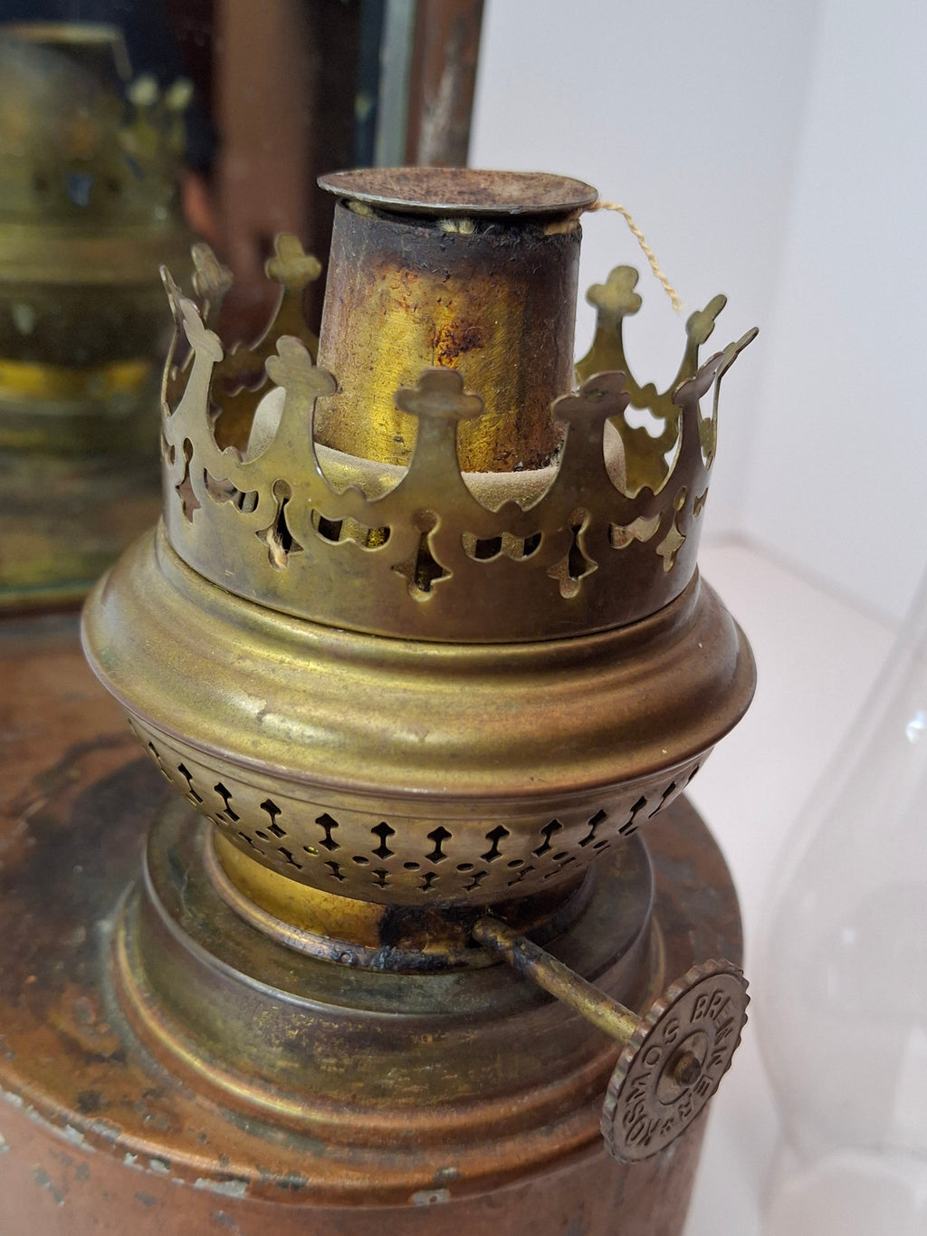 Antique Kosmos Brenner Wall Oil Lamp Mirror Reflector Beveled Glass Tin Coppered Finish 11"