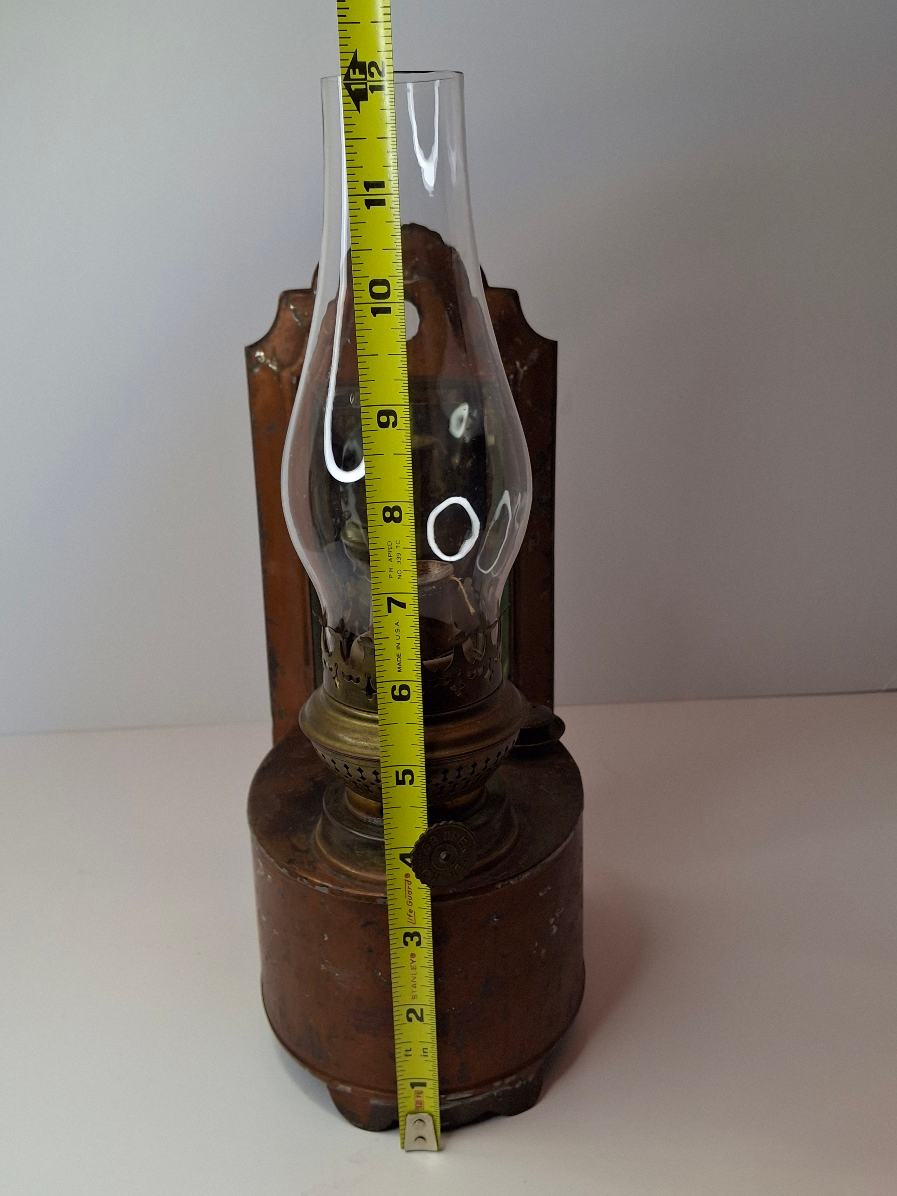 Antique Kosmos Brenner Wall Oil Lamp Mirror Reflector Beveled Glass Tin Coppered Finish 11"