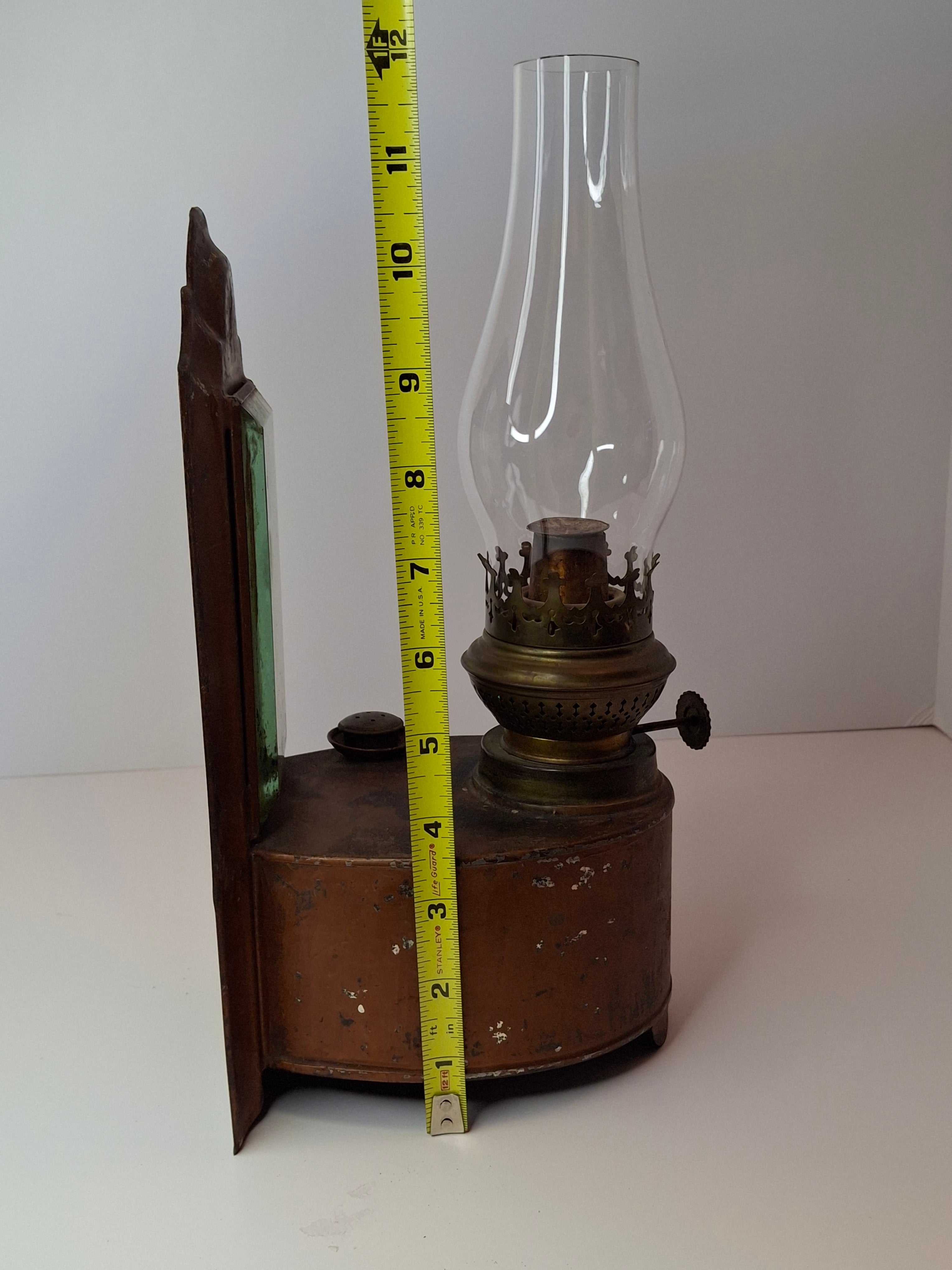 Antique Kosmos Brenner Wall Oil Lamp Mirror Reflector Beveled Glass Tin Coppered Finish 11"