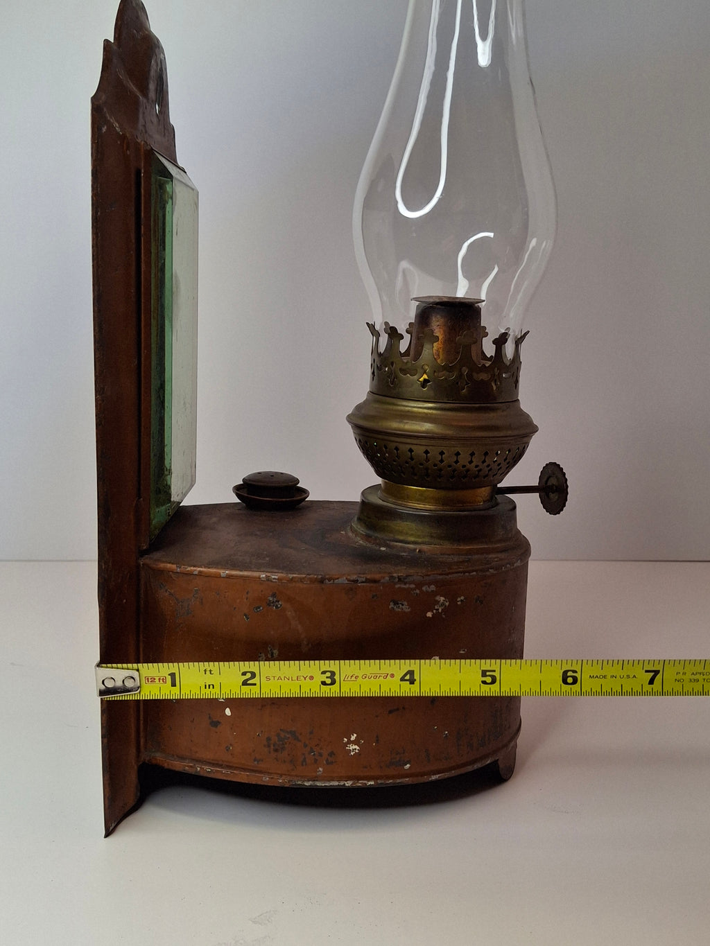 Antique Kosmos Brenner Wall Oil Lamp Mirror Reflector Beveled Glass Tin Coppered Finish 11"