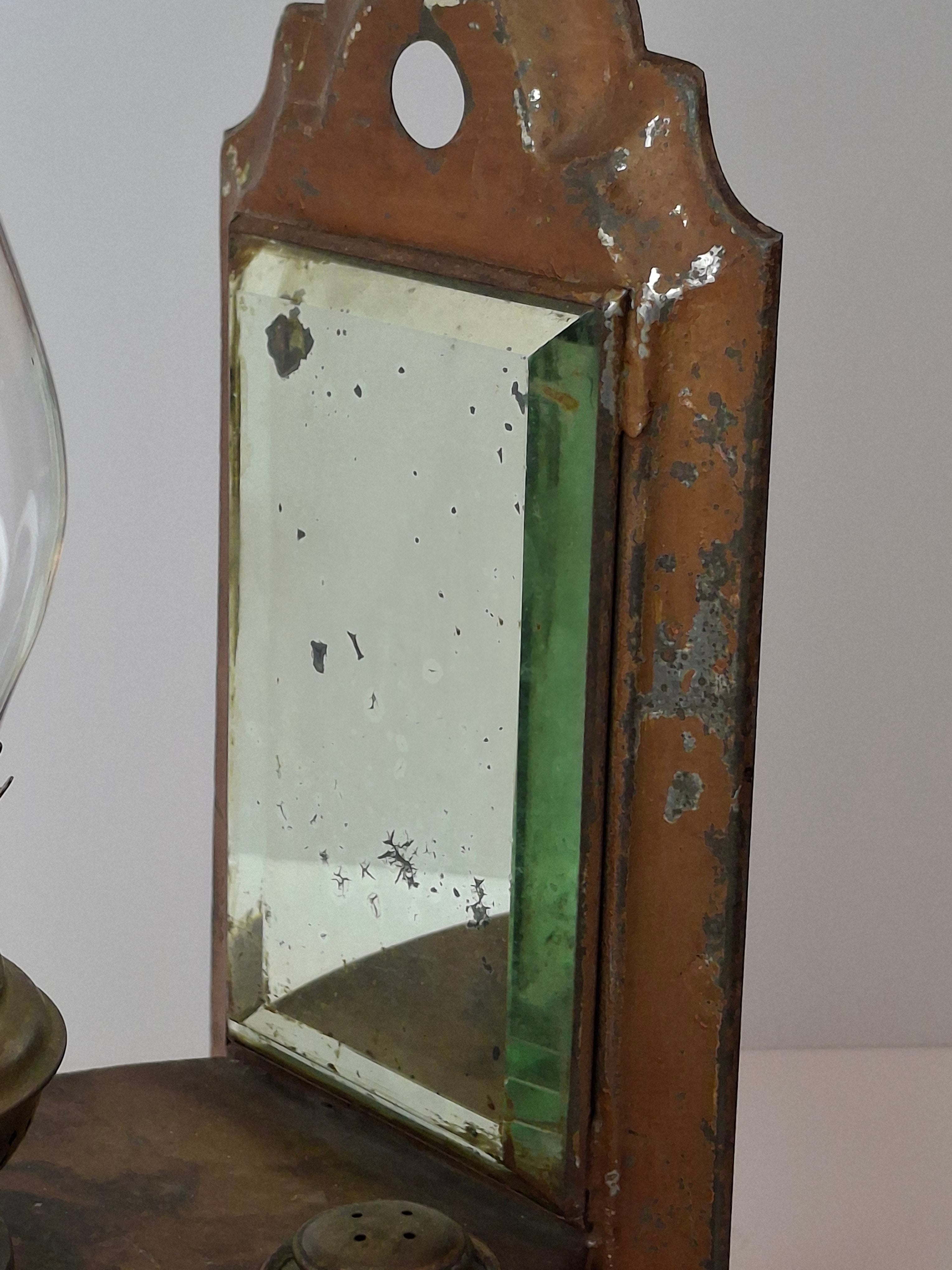 Antique Kosmos Brenner Wall Oil Lamp Mirror Reflector Beveled Glass Tin Coppered Finish 11"