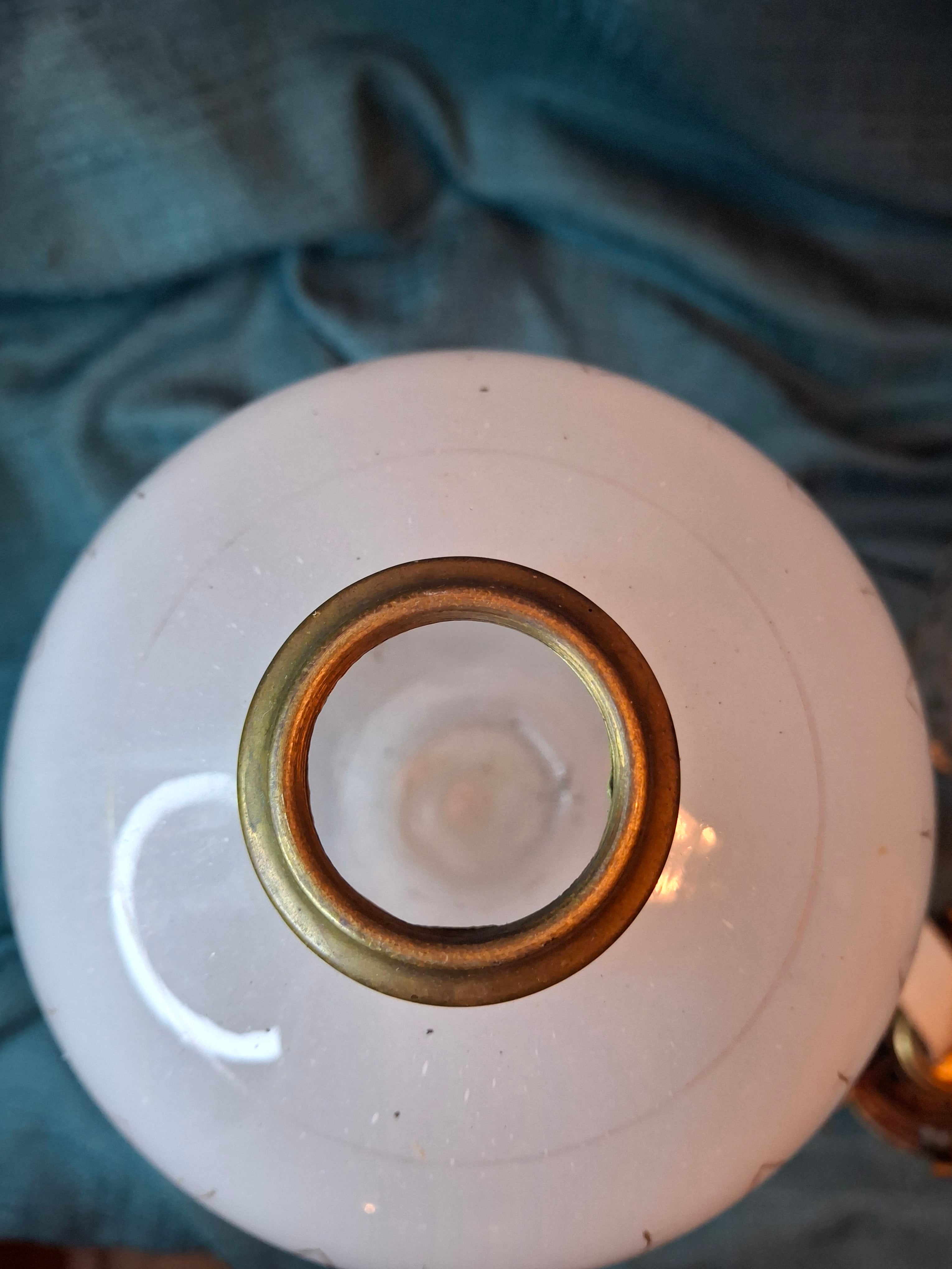 Rare Antique Milk Glass Oil Lamp Frosted Satin Font & Chimney Scovill No 2 12"