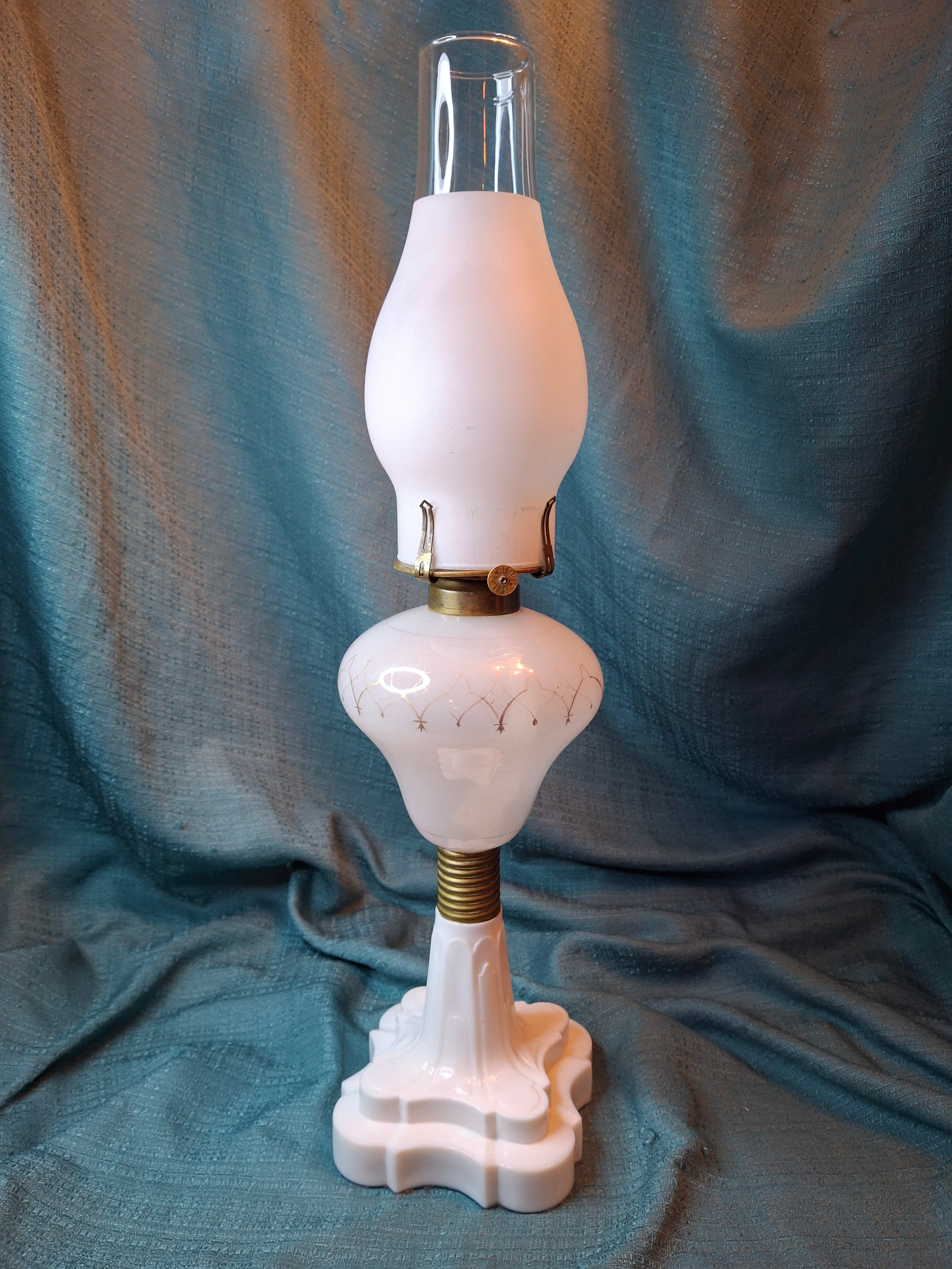 Rare Antique Milk Glass Oil Lamp Frosted Satin Font & Chimney Scovill No 2 12"