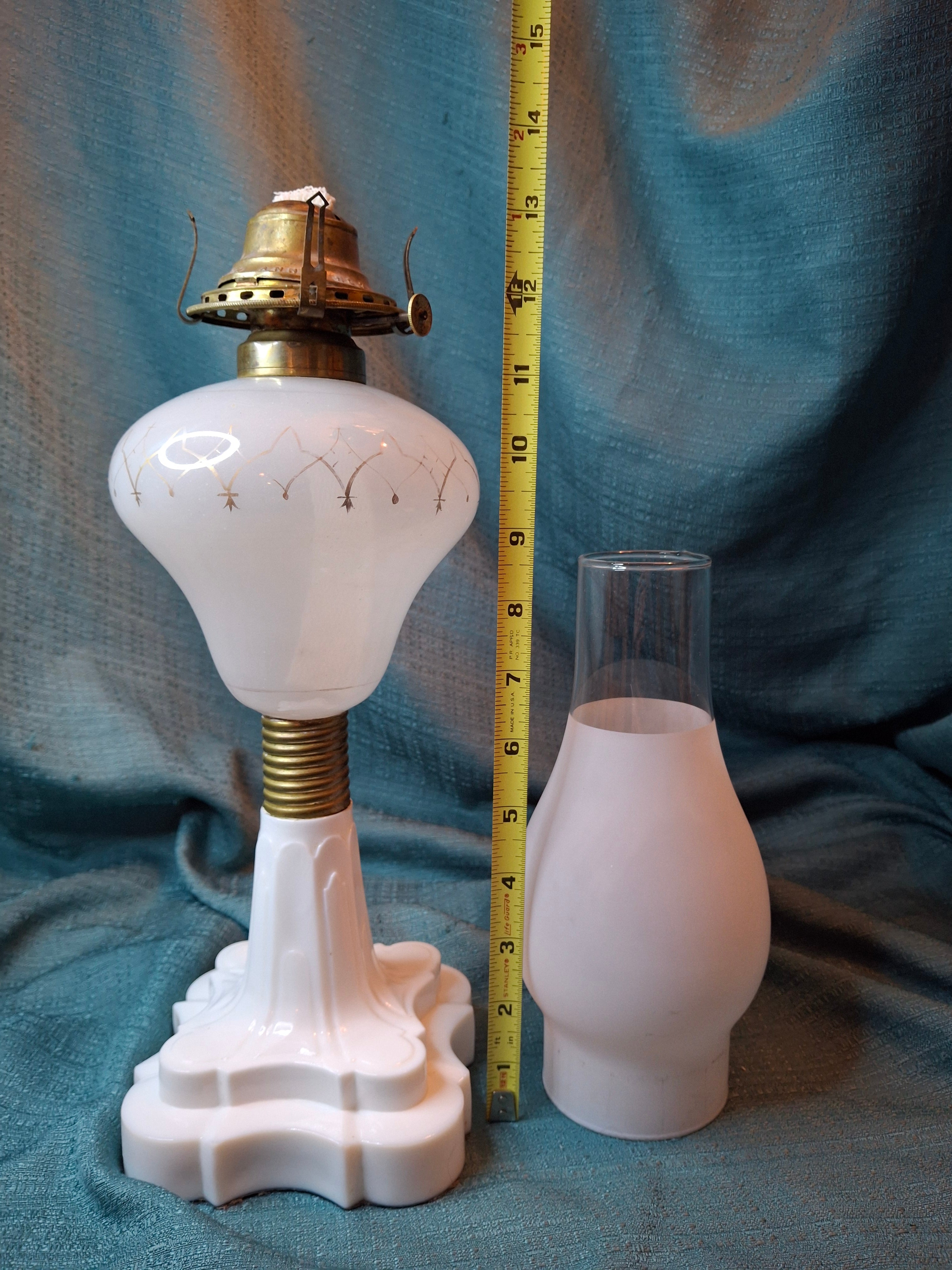 Rare Antique Milk Glass Oil Lamp Frosted Satin Font & Chimney Scovill No 2 12"