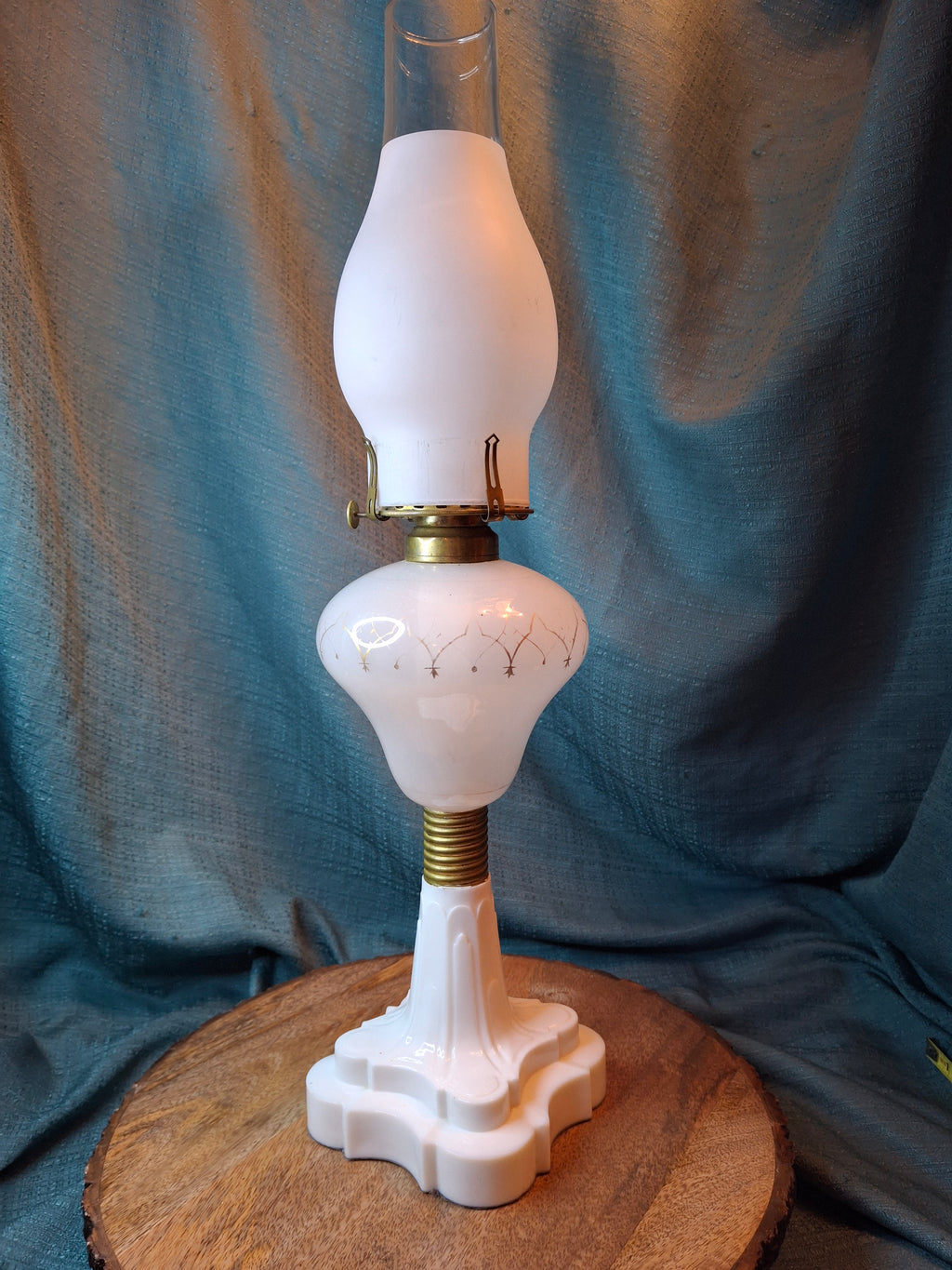 Rare Antique Milk Glass Oil Lamp Frosted Satin Font & Chimney Scovill No 2 12"