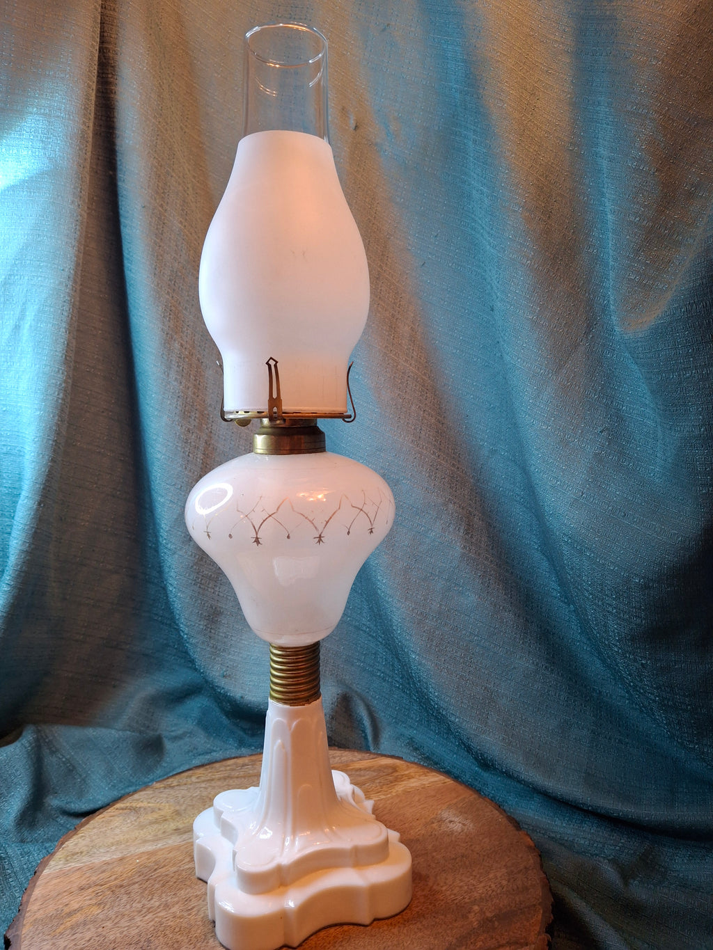 Rare Antique Milk Glass Oil Lamp Frosted Satin Font & Chimney Scovill No 2 12"