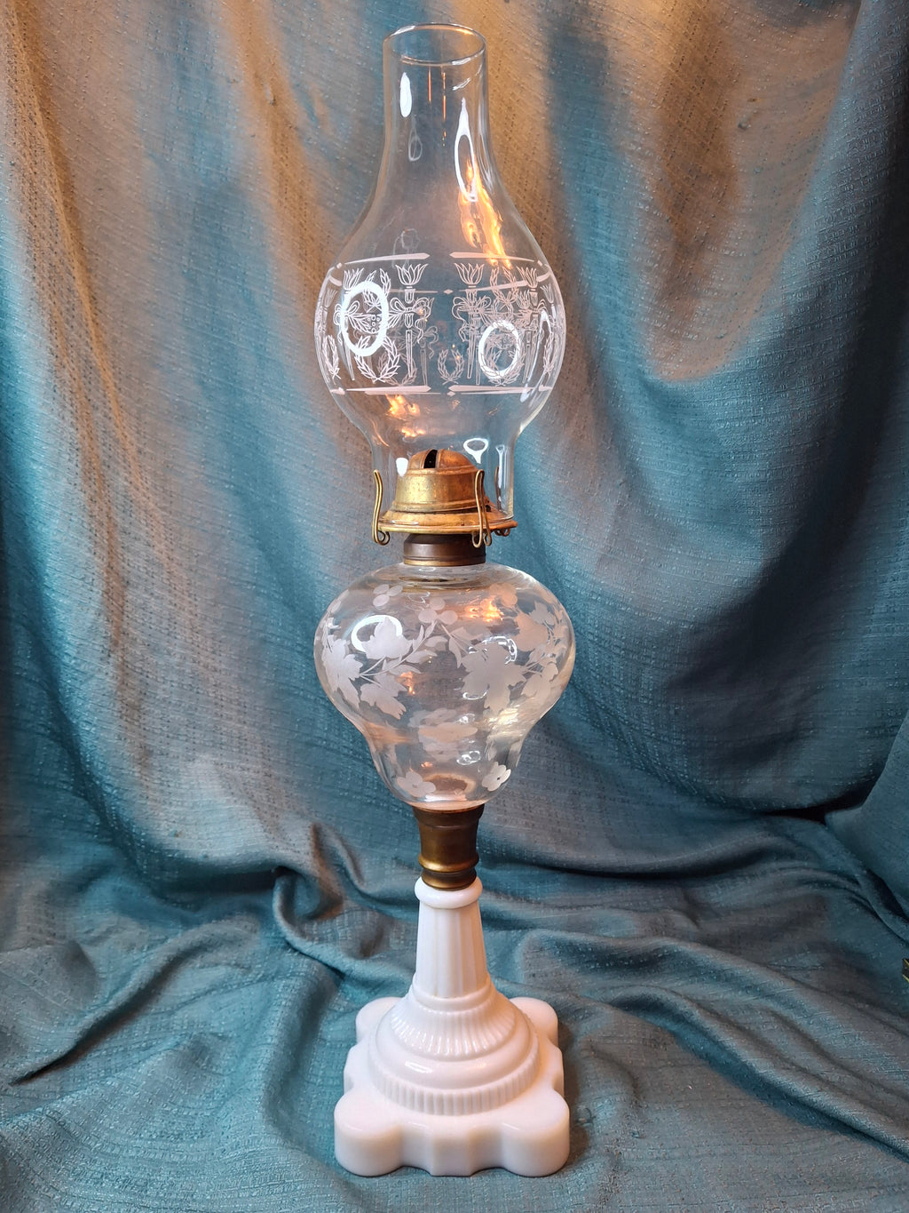 Antique 1877 Victorian Oil Lamp - Etched Floral Font & Wreath Chimney Milk Glass Base