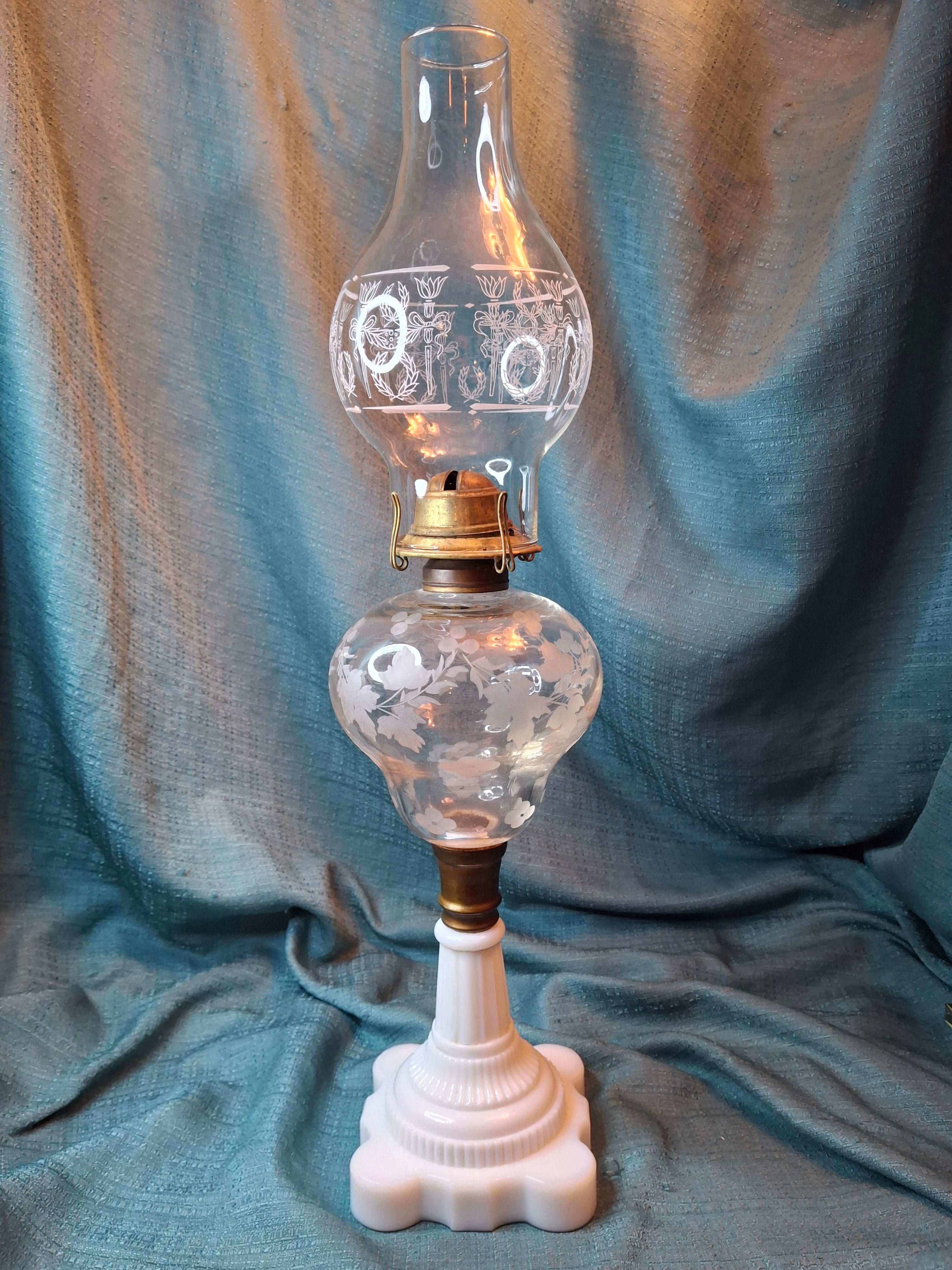 Antique 1877 Victorian Oil Lamp - Etched Floral Font & Wreath Chimney Milk Glass Base