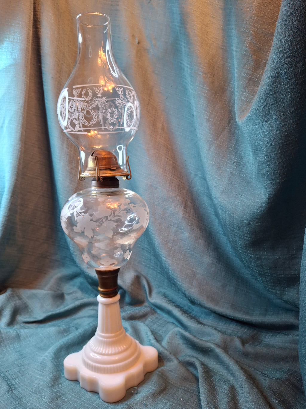 Antique 1877 Victorian Oil Lamp - Etched Floral Font & Wreath Chimney Milk Glass Base
