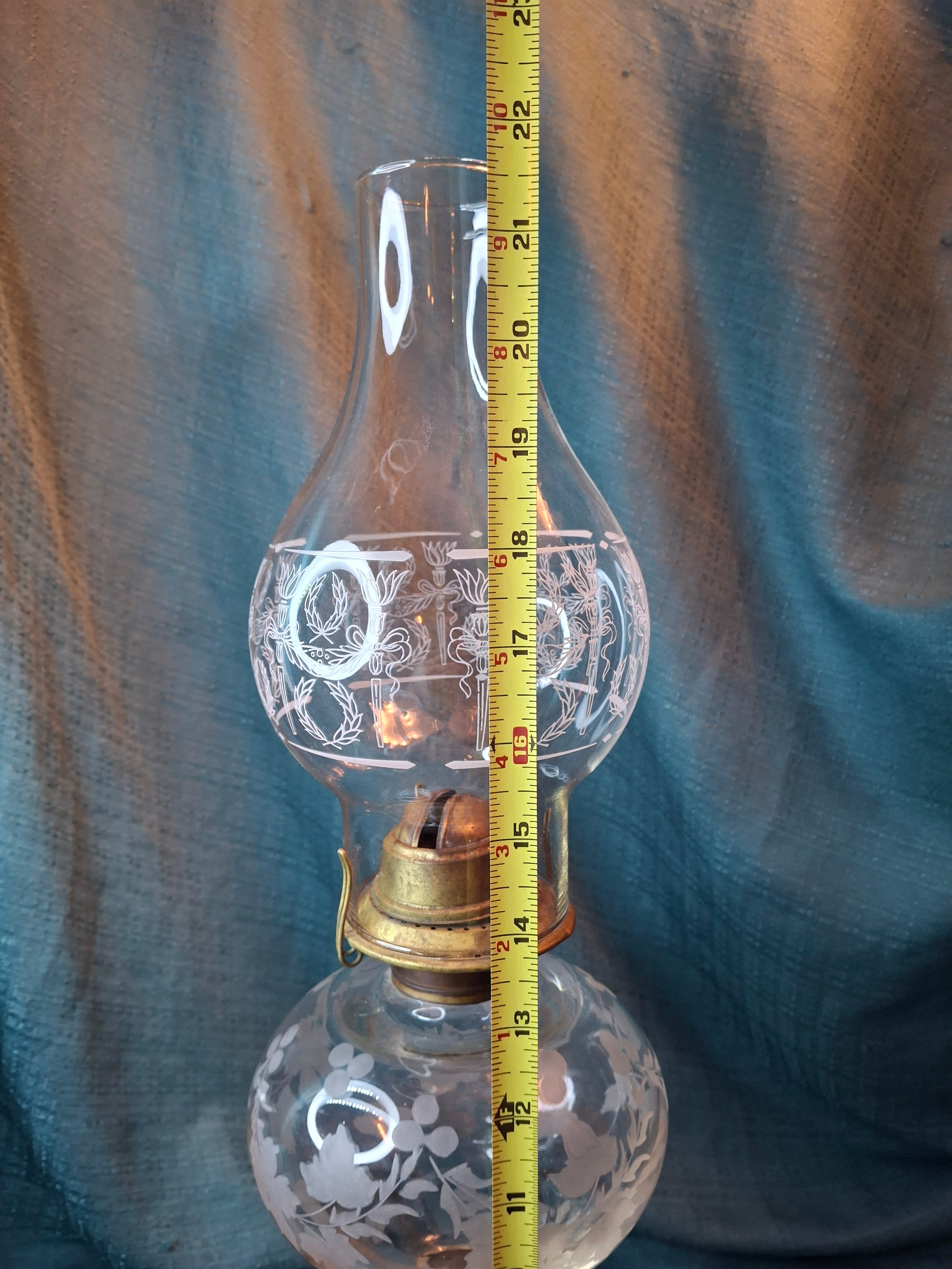 Antique 1877 Victorian Oil Lamp - Etched Floral Font & Wreath Chimney Milk Glass Base