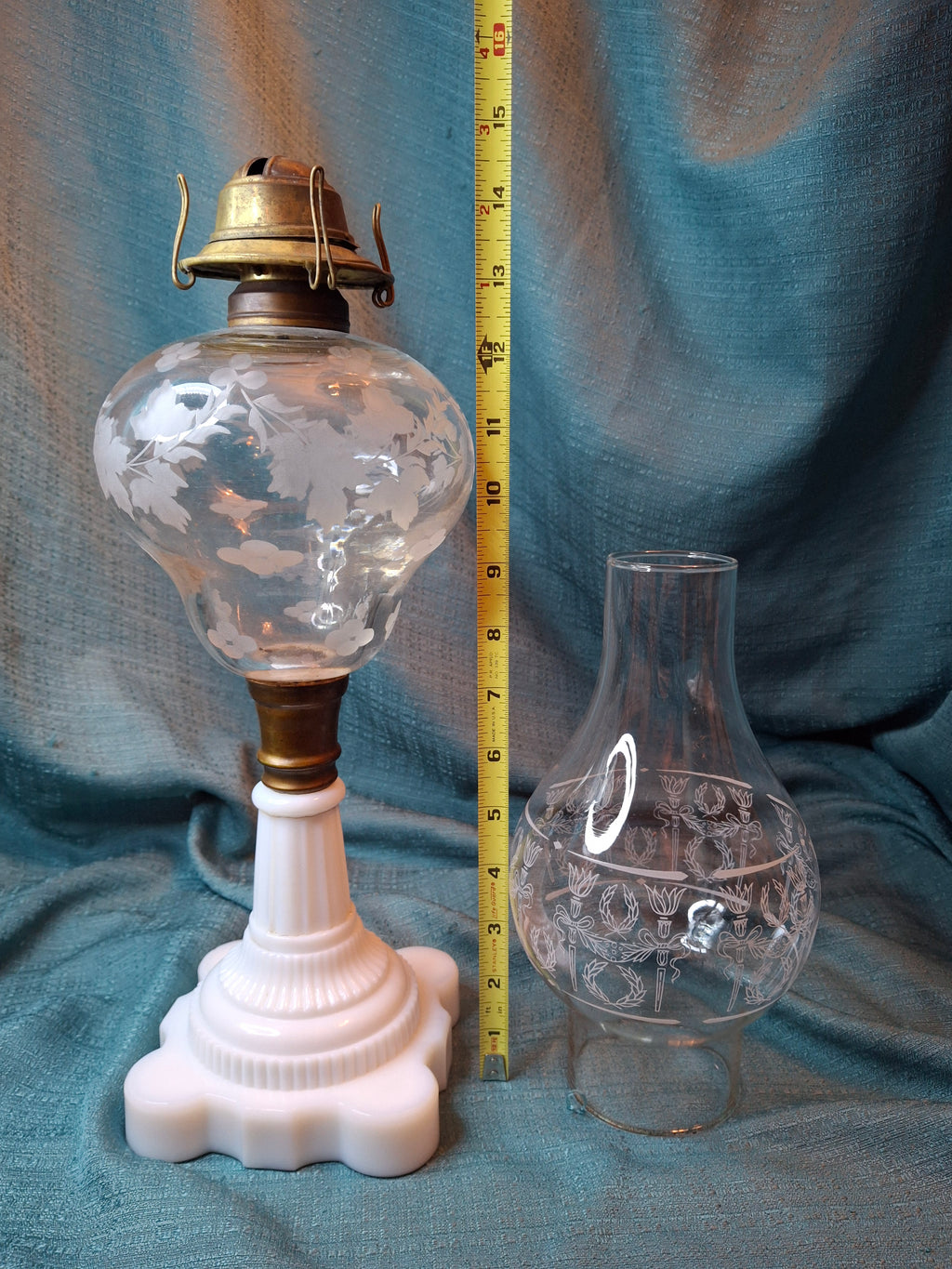 Antique 1877 Victorian Oil Lamp - Etched Floral Font & Wreath Chimney Milk Glass Base