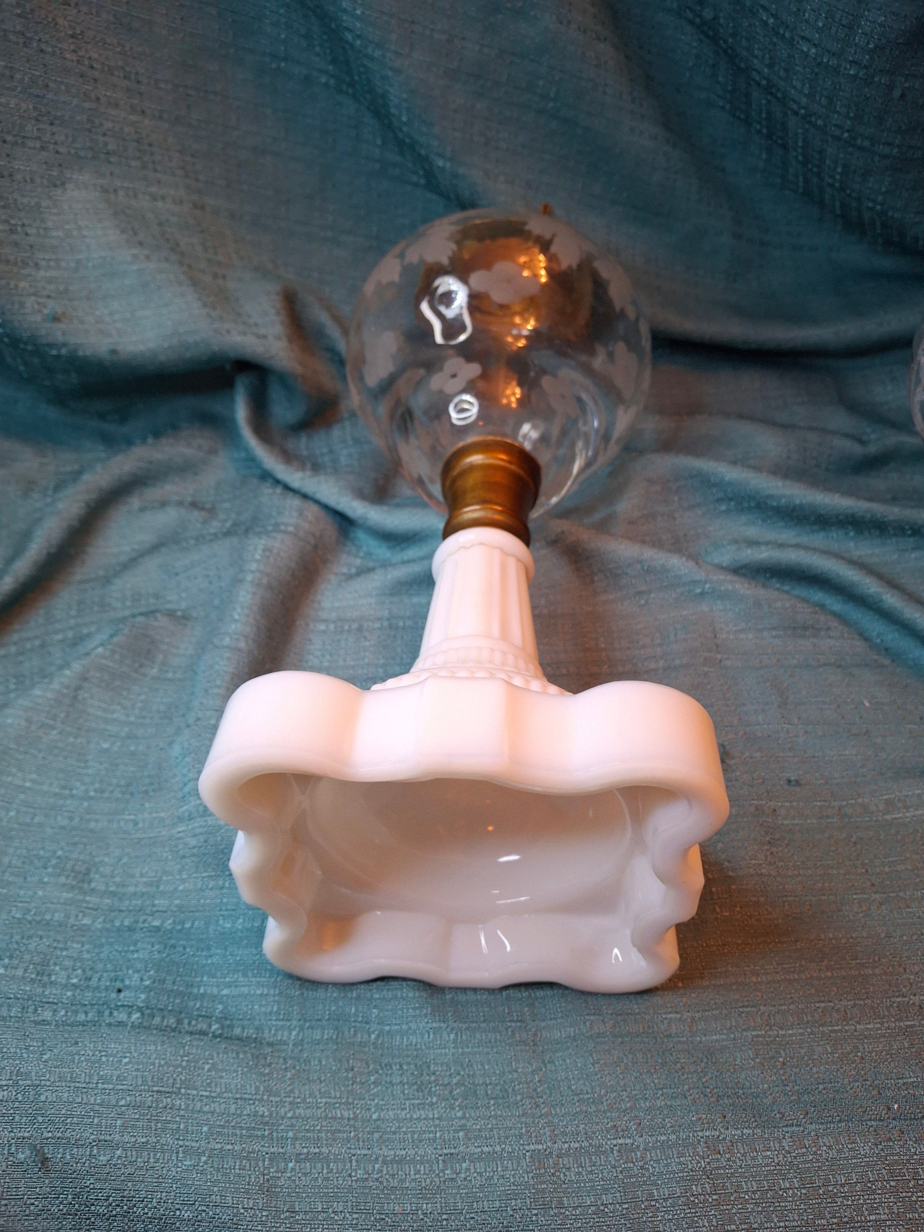 Antique 1877 Victorian Oil Lamp - Etched Floral Font & Wreath Chimney Milk Glass Base