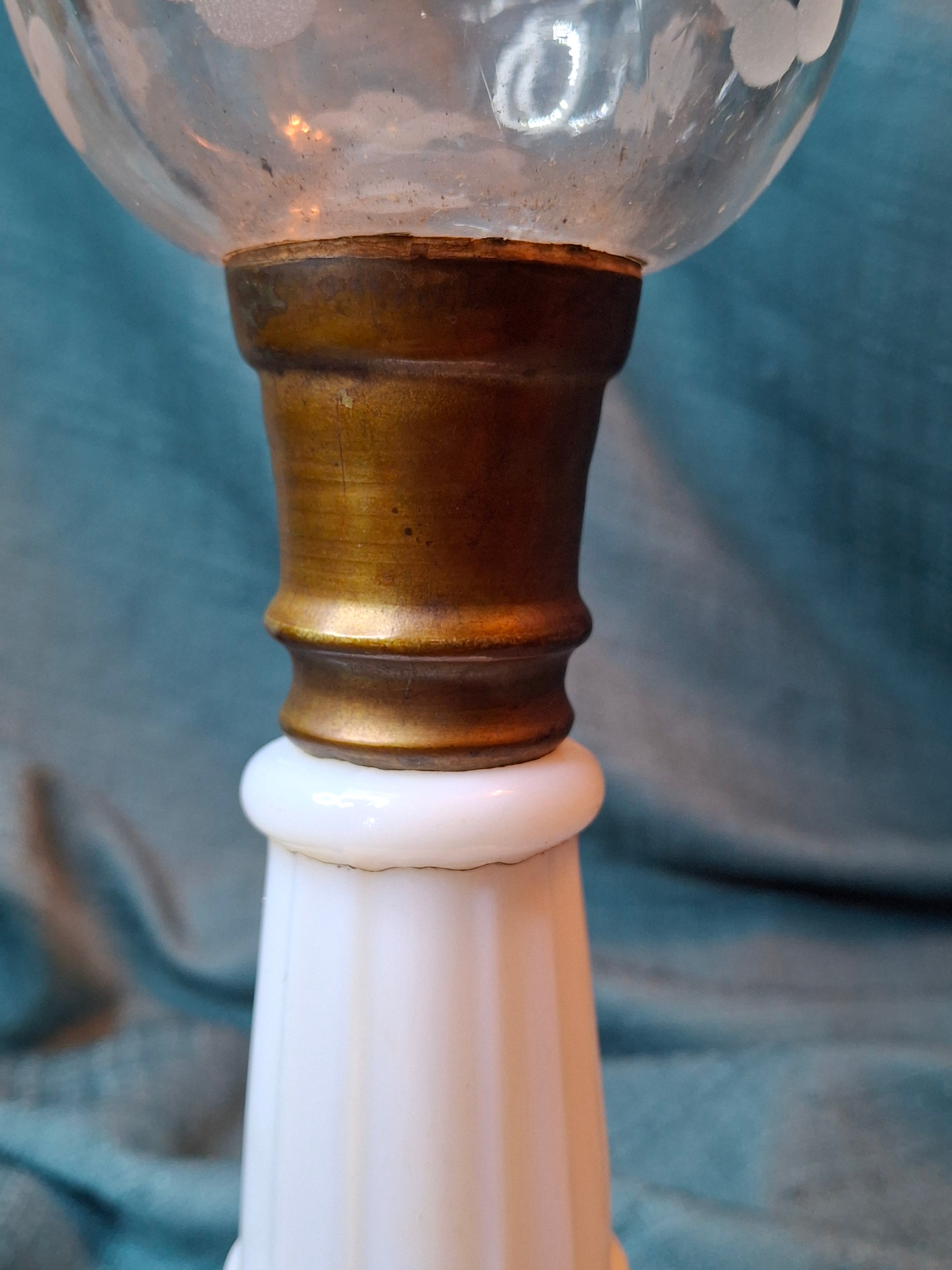 Antique 1877 Victorian Oil Lamp - Etched Floral Font & Wreath Chimney Milk Glass Base
